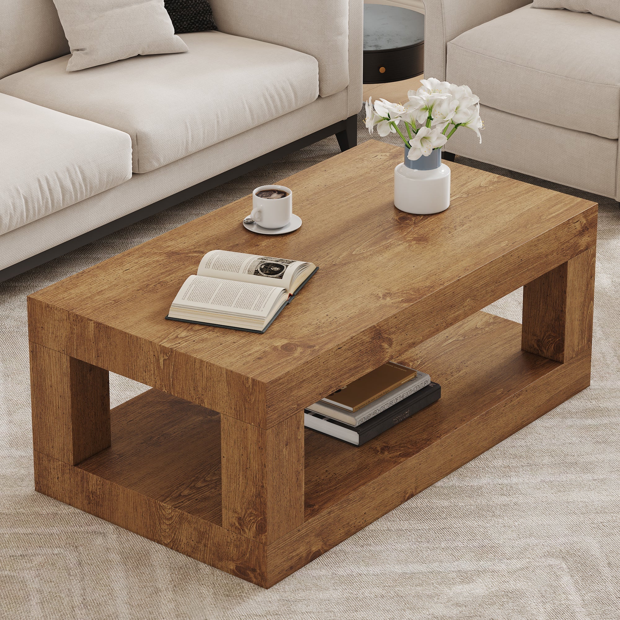 Modern 2-Tiered Coffee Table with Rectangular Open Storage Shelf, MDF