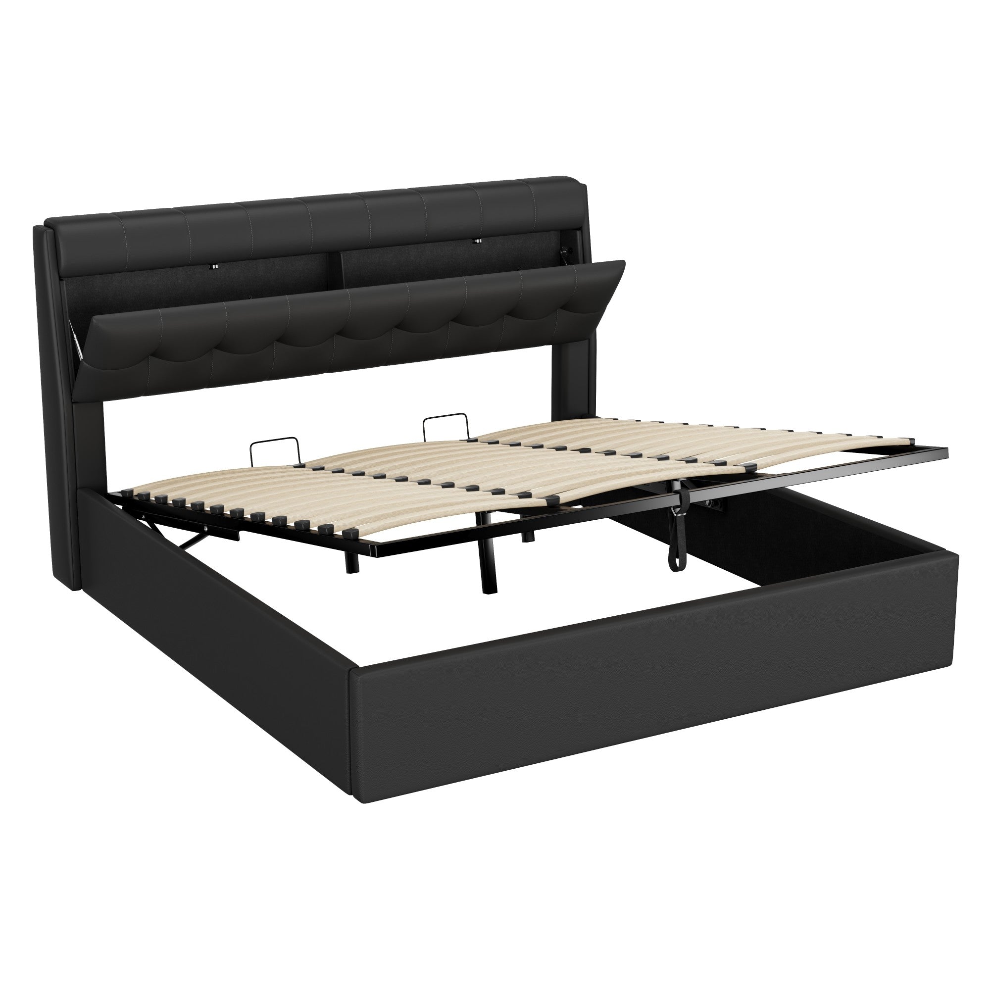 Upholstered Bed with Hydraulic Storage and Concealed Headboard Shelf, 180x200cm, Black PU