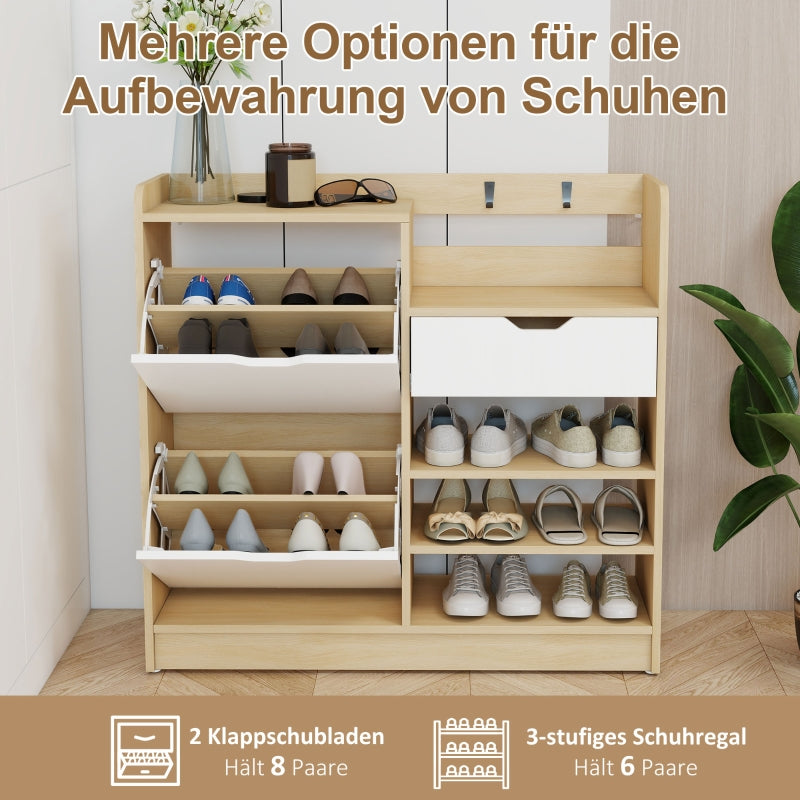 Shoe Rack with Tilting Drawers, Open Shelves, 4 Hooks, 14 Pairs, Natural