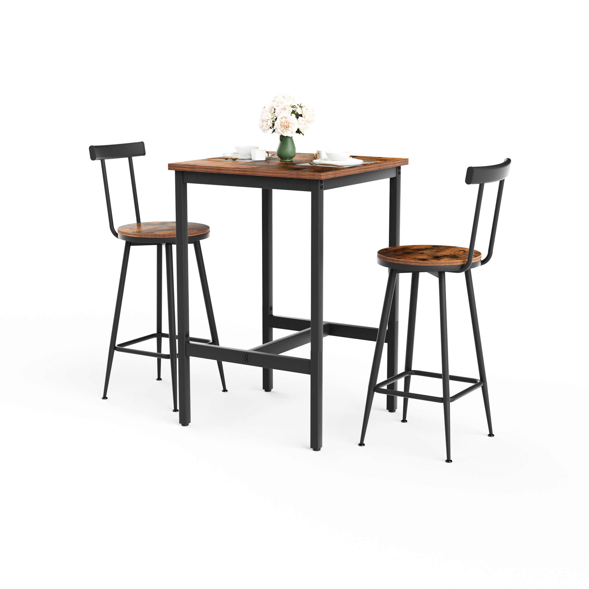 Industrial Bar Table and Stool Set with 2 Chairs and Metal Frame, Rustic Brown