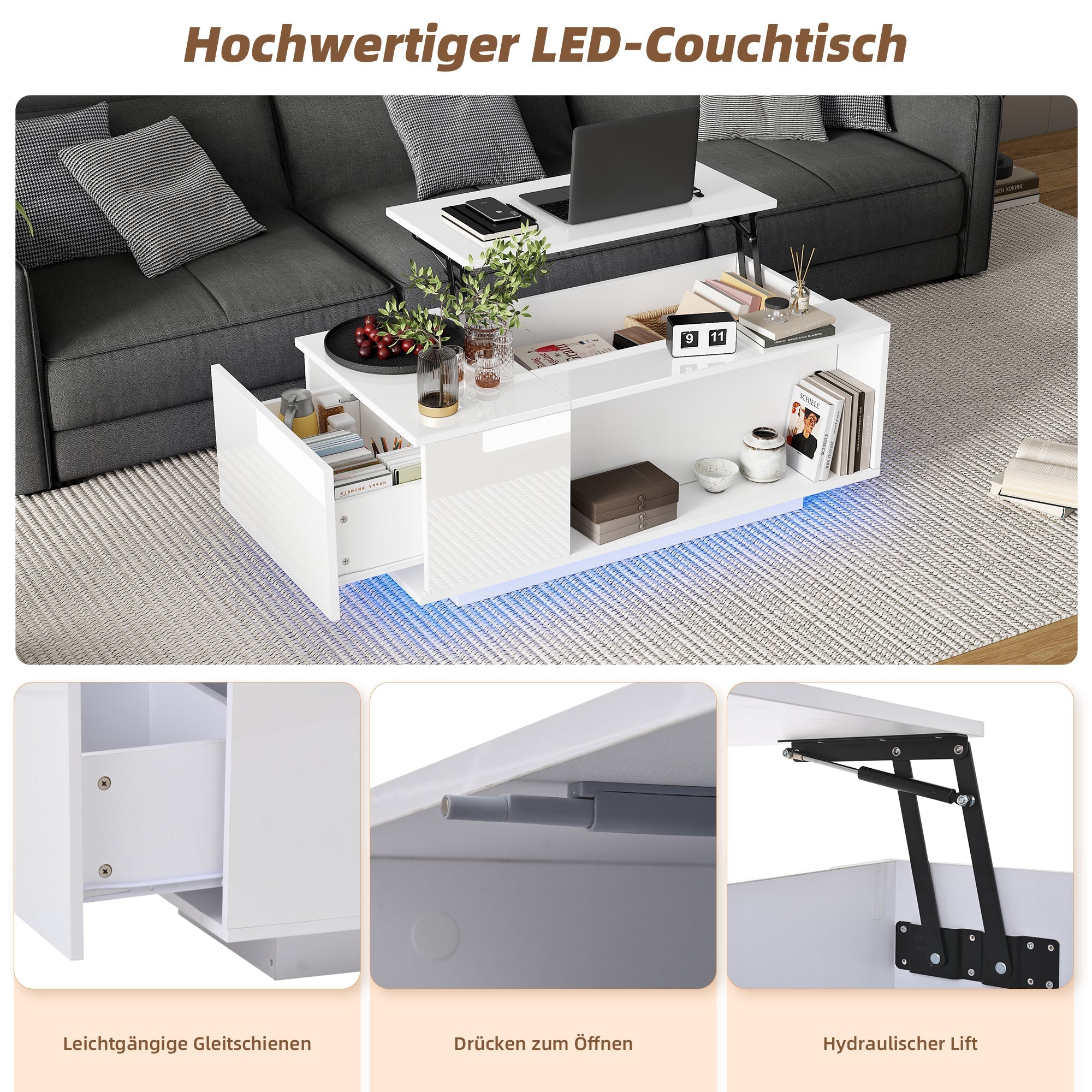 Coffee Table, Height-adjustable with Hidden Storage, LED Light & Drawer, White