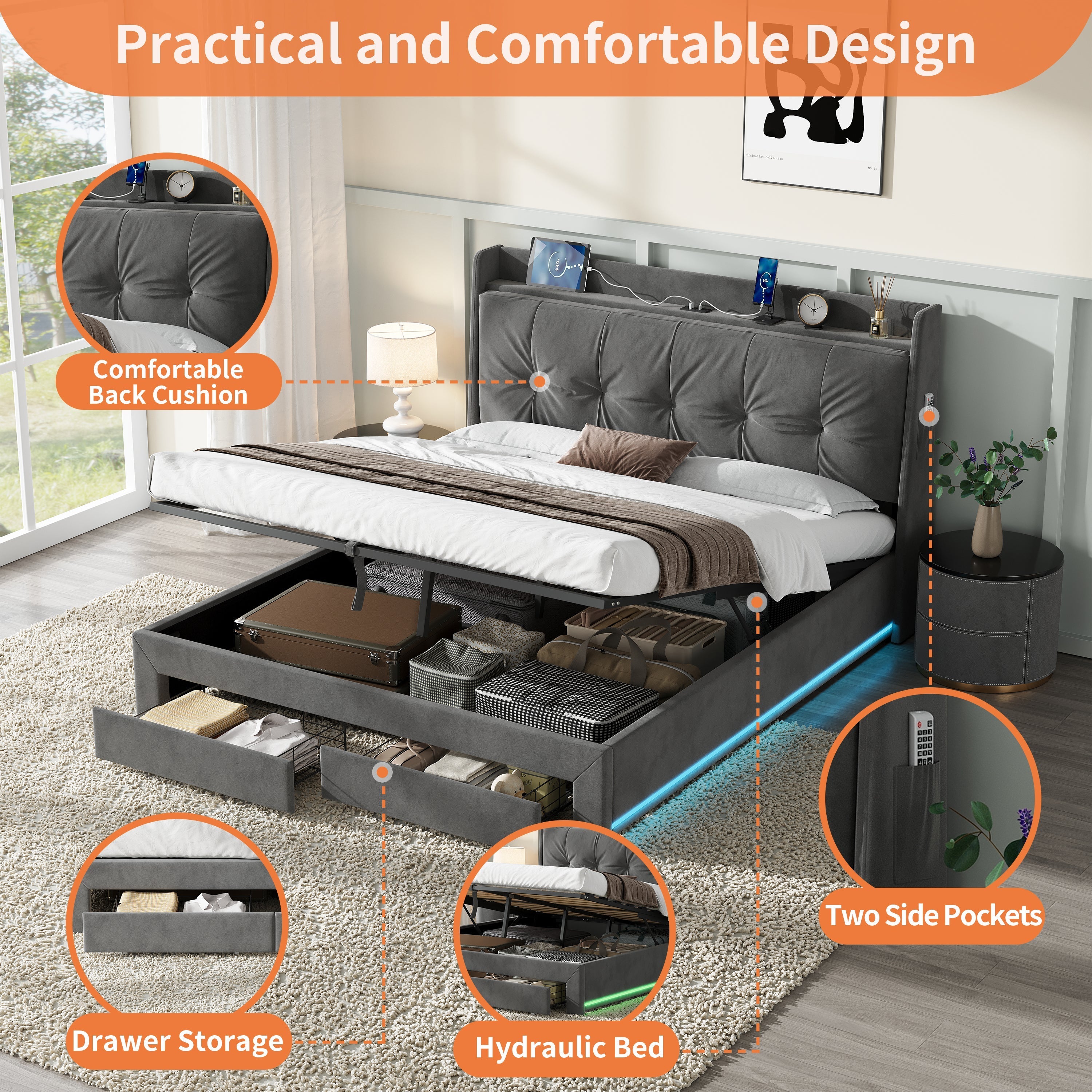 5ft King Upholstered Bed Frame with Hydraulic Storage, Charging Station, and RGB LED Lighting, Velvet Grey