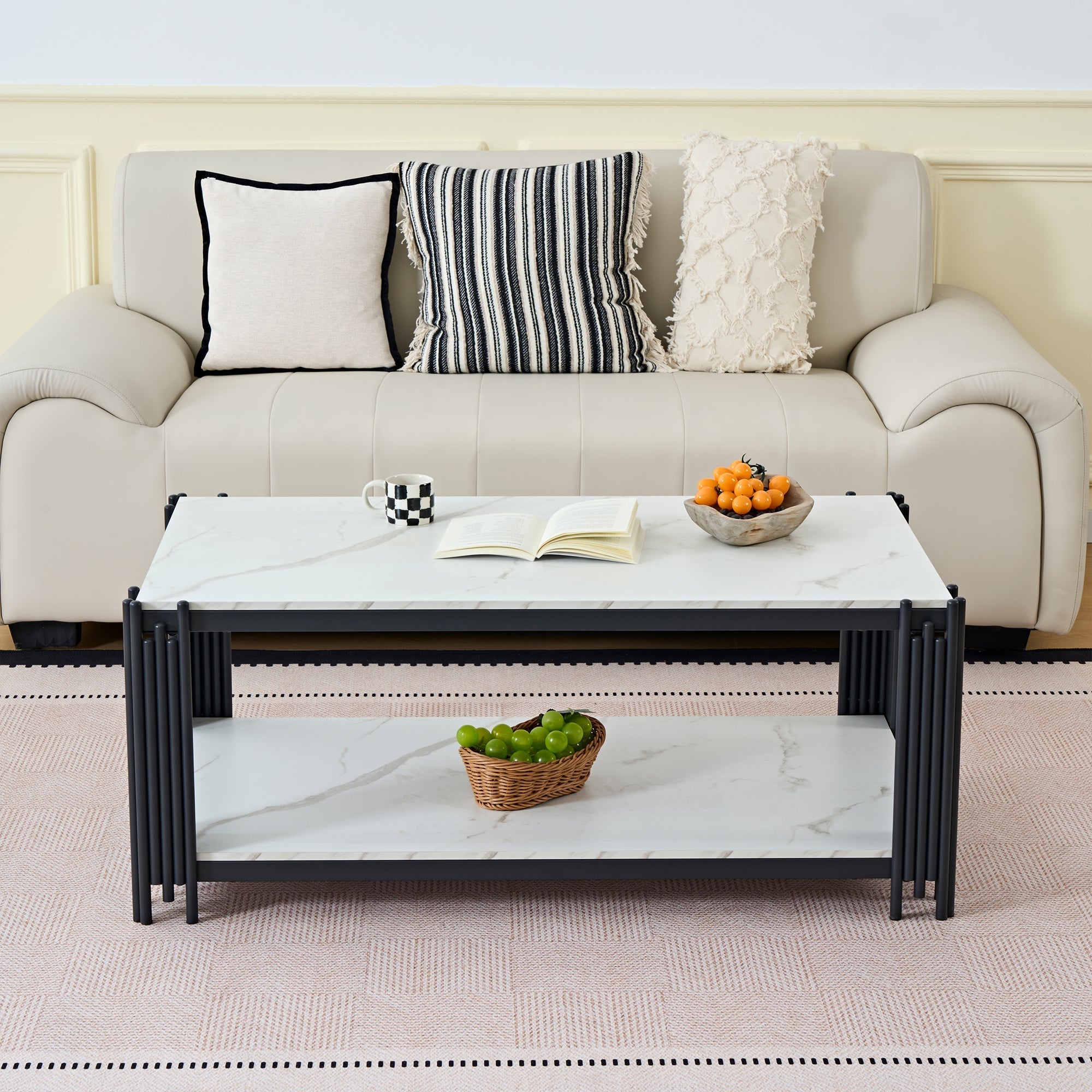 Rectangular Coffee Table Modern Marble-Effect Top Metal Legs White and Black