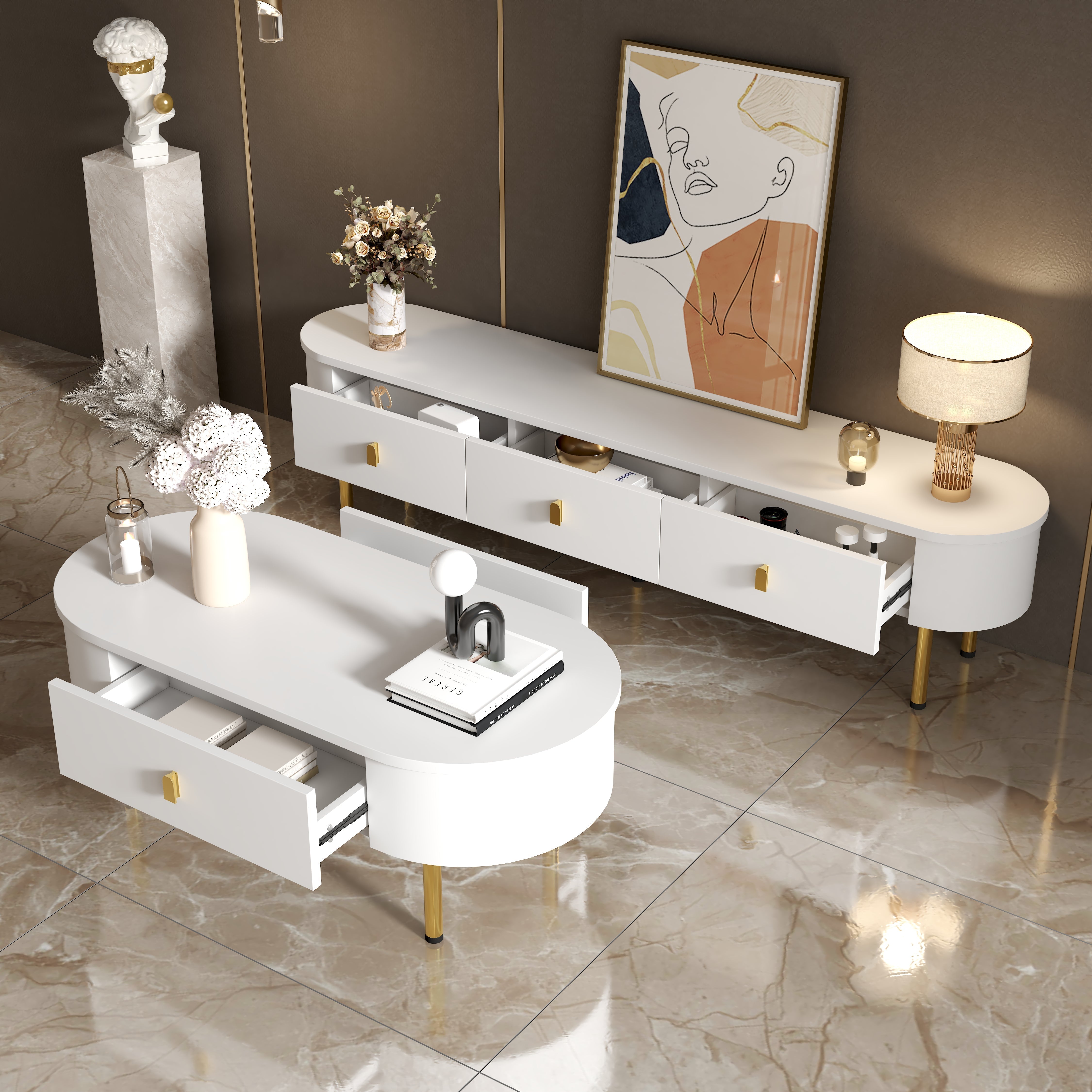 TV Cabinet Coffee Table Set, Luxury Living Room Combination with Drawers, Rounded Corners, White and Gold