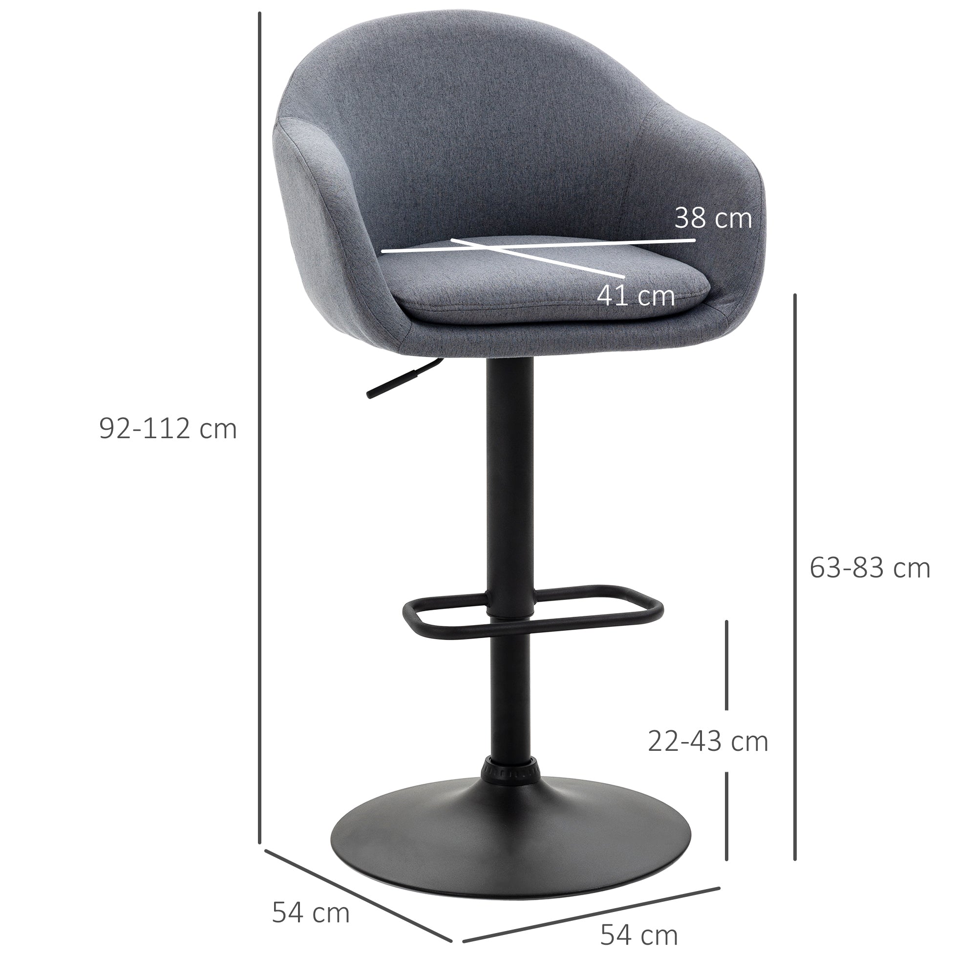 Bar Stool, Height-Adjustable with Backrest and Footrest, Grey Linen Look