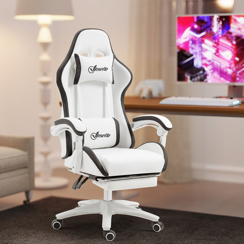 Computer Gaming Chair with Footrest, 135° Reclining Back, Lumbar Support, PU Leather White and Black