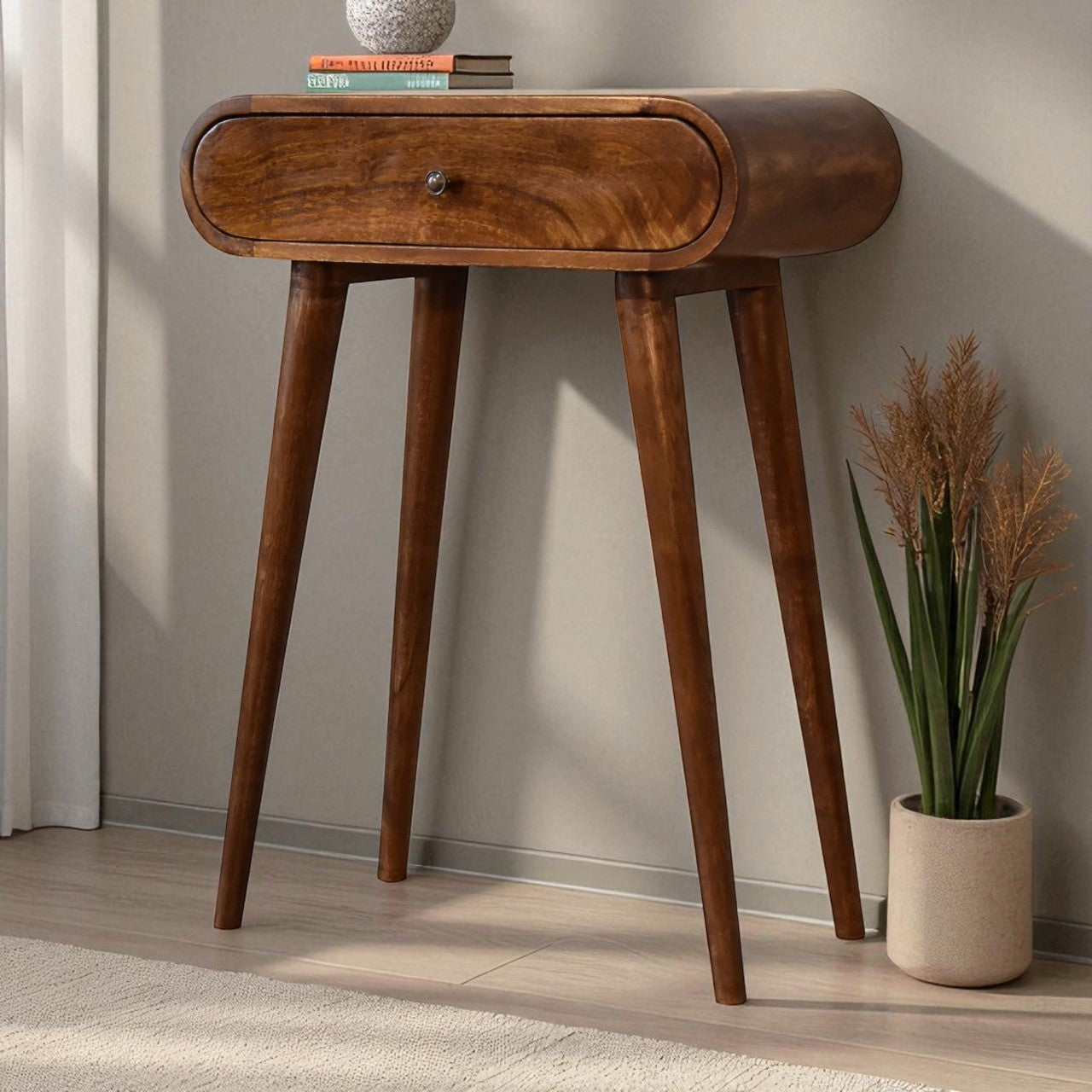 Solid Wood Console, Mini Chestnut with 1 Drawer, Dark Brown