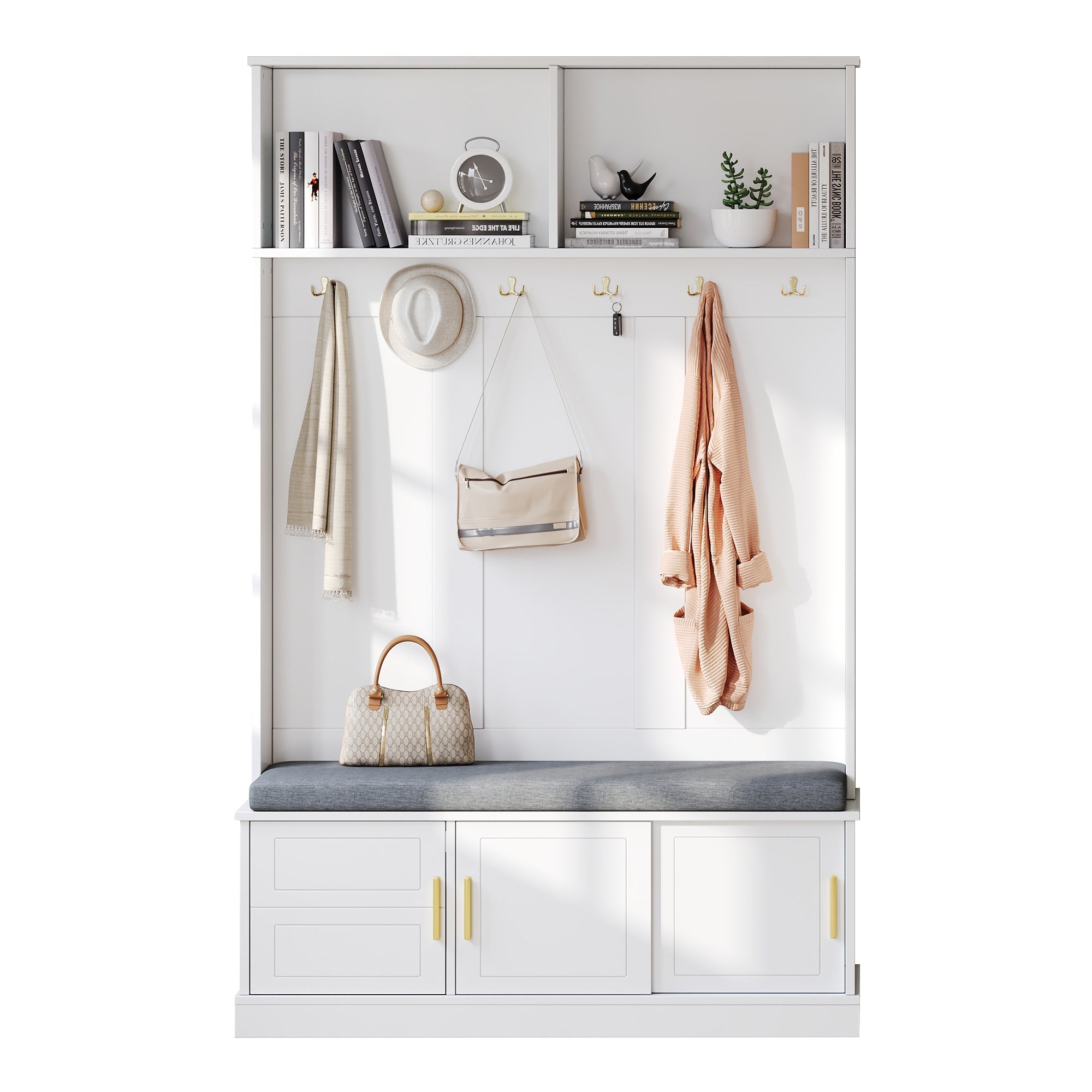 Coat rack with shoe bench, wardrobe, 6 triple hooks, freestanding, space-saving, white