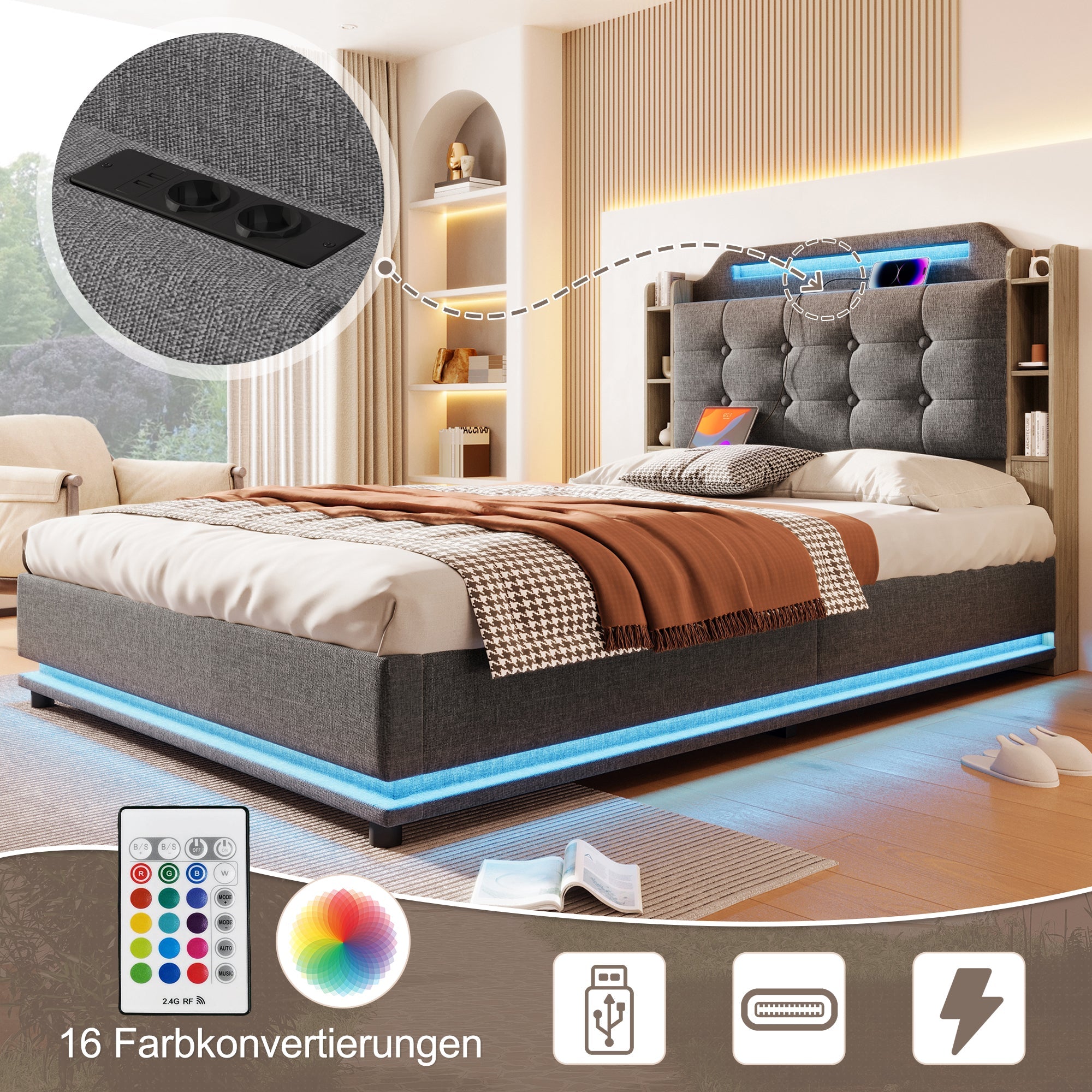 Upholstered Bed 140x200cm, LED Light Strip, Hydraulic Storage, USB + Type-C, Grey Linen