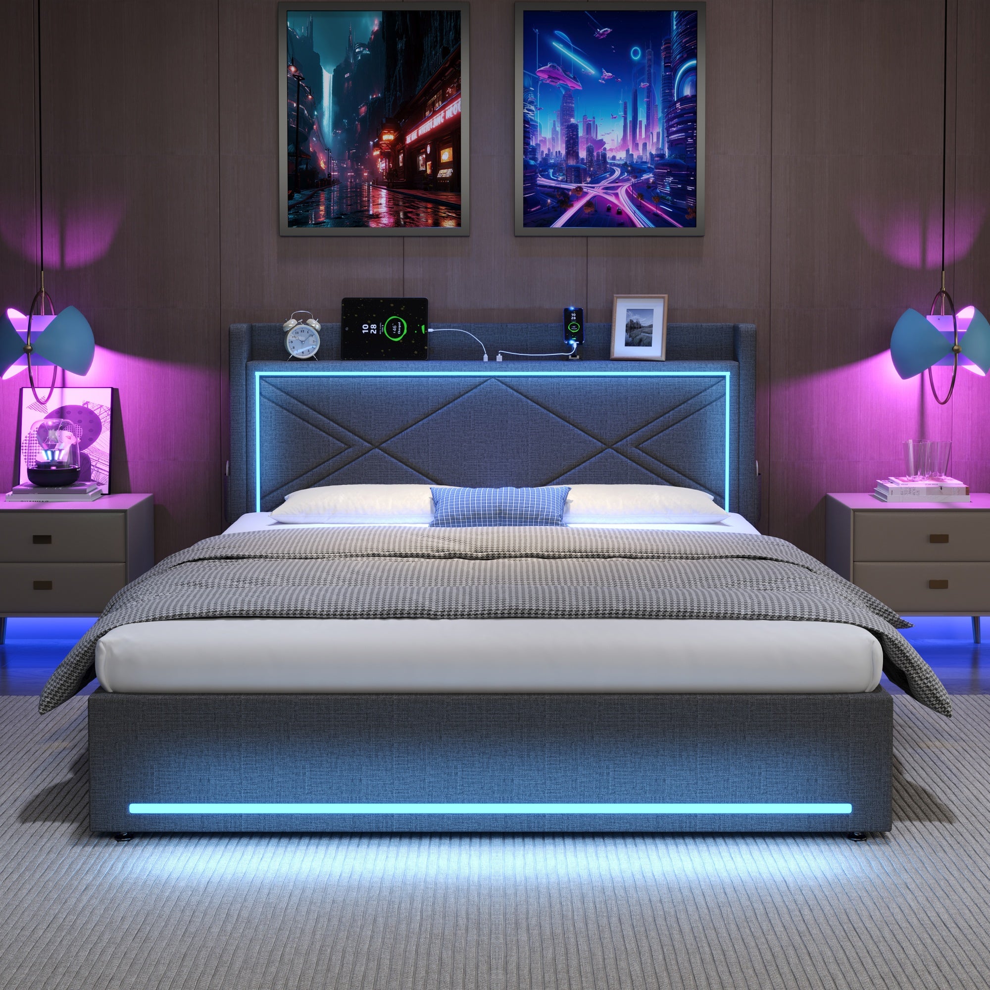 4ft6 Double Upholstered Bed Frame, Hydraulic Storage LED Charging Station, Grey Linen