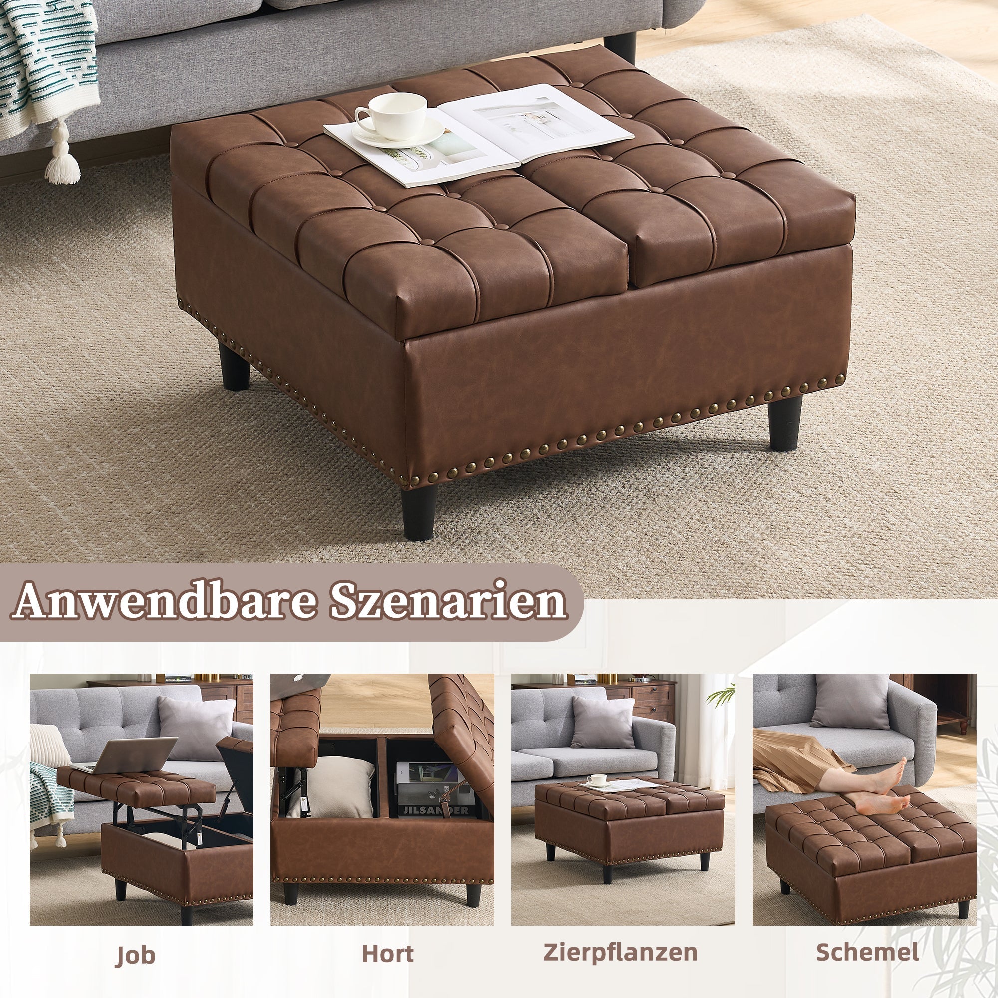 Storage Chair, Liftable Bench, Square, Brown PU