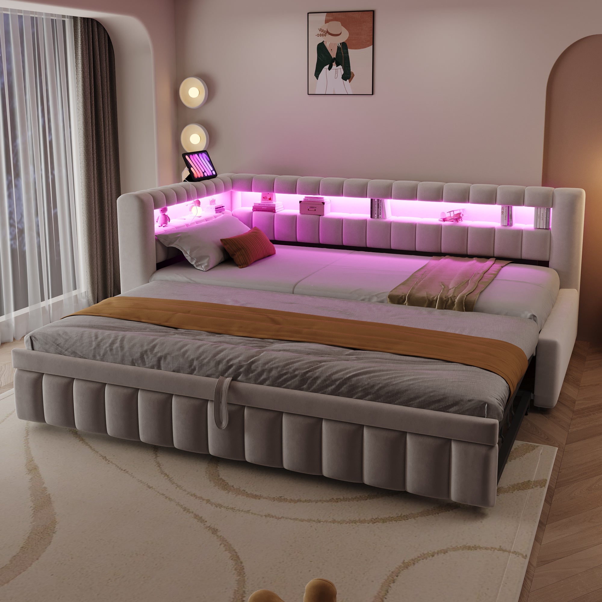 Upholstered Extendable Sofa Bed with LED and USB Port, 90x200cm, Beige Velvet