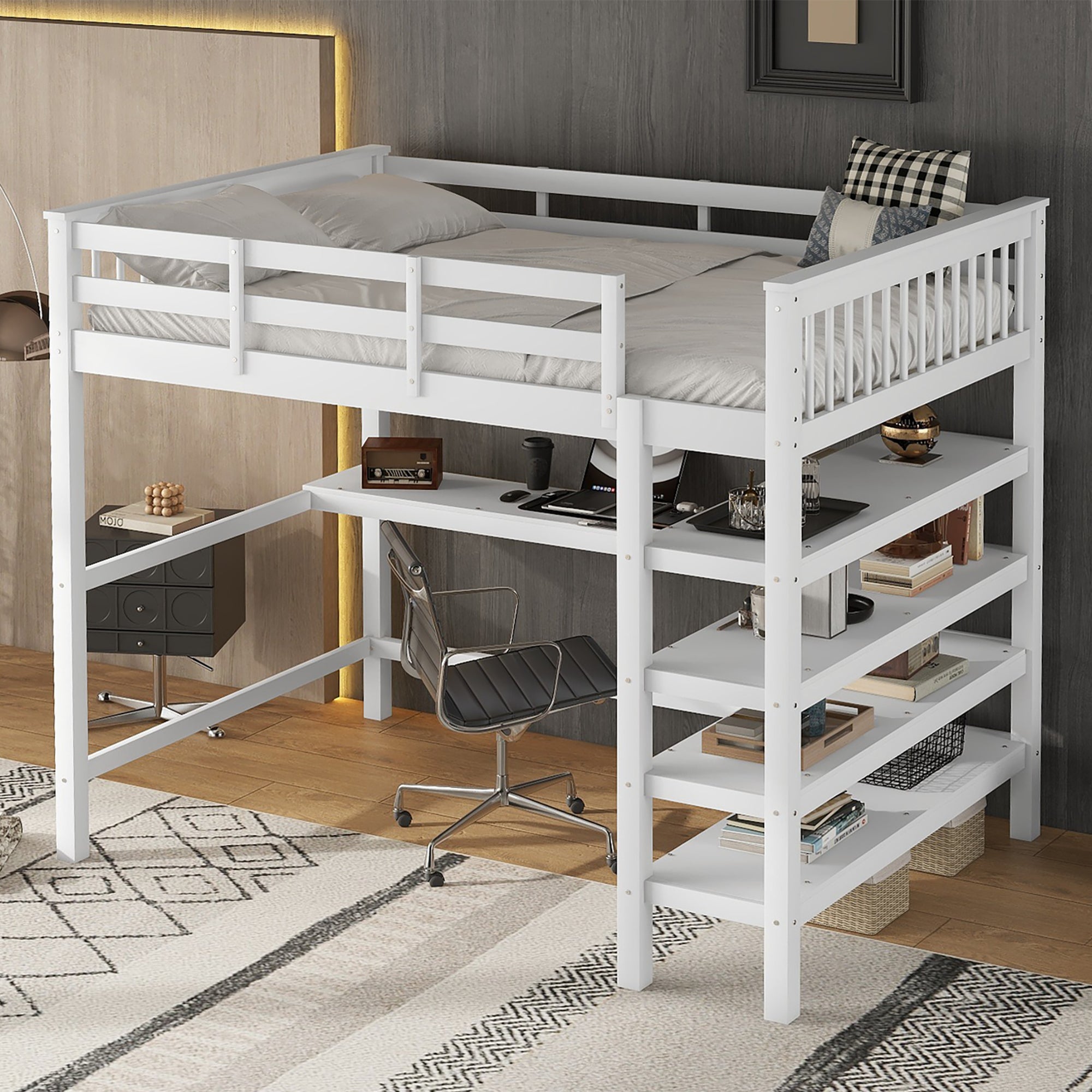 Loft Bed 140x200cm with Storage and Under-bed Desk - White