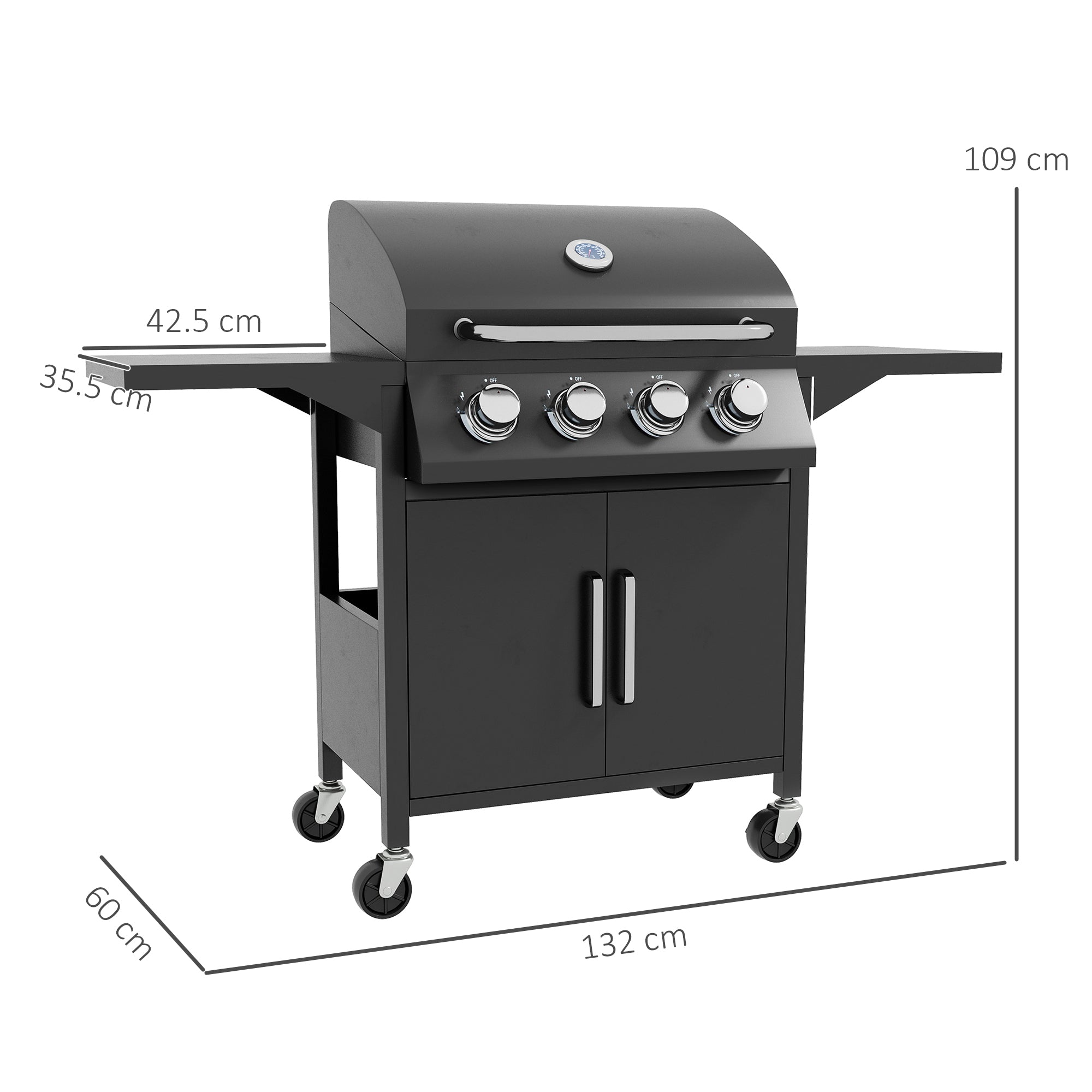 4 Burner Gas BBQ Grill, Portable Trolley w/ Warming Rack, Side Shelves & Storage, Carbon-Steel
