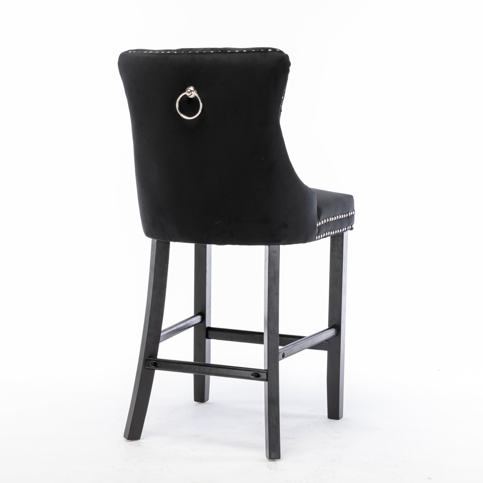 Contemporary Barstools, Button Tufted Wooden Legs Set of 2, Velvet Black
