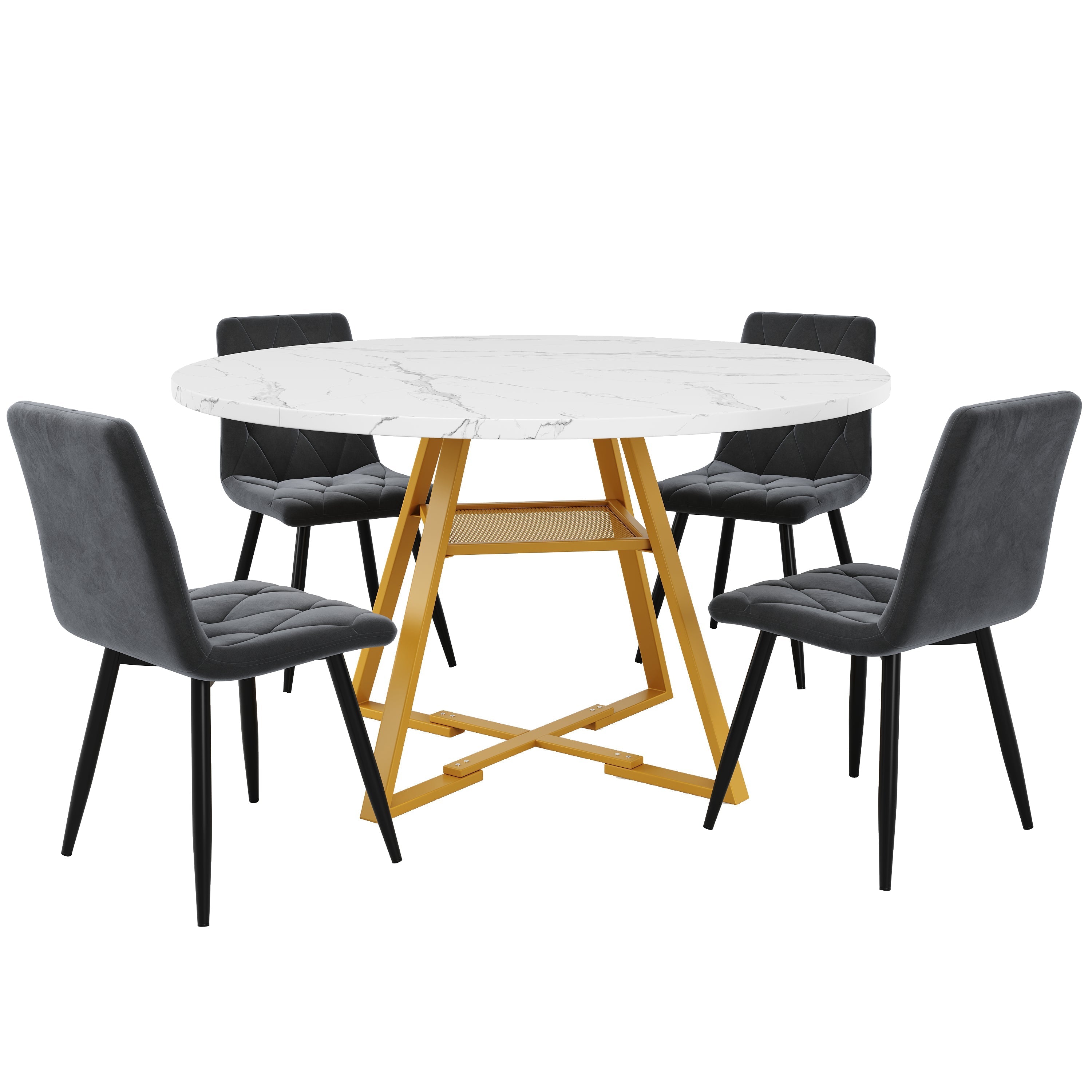 5-Piece Round Dining Table Set with 4 Chairs and Marble Pattern, Velvet Grey
