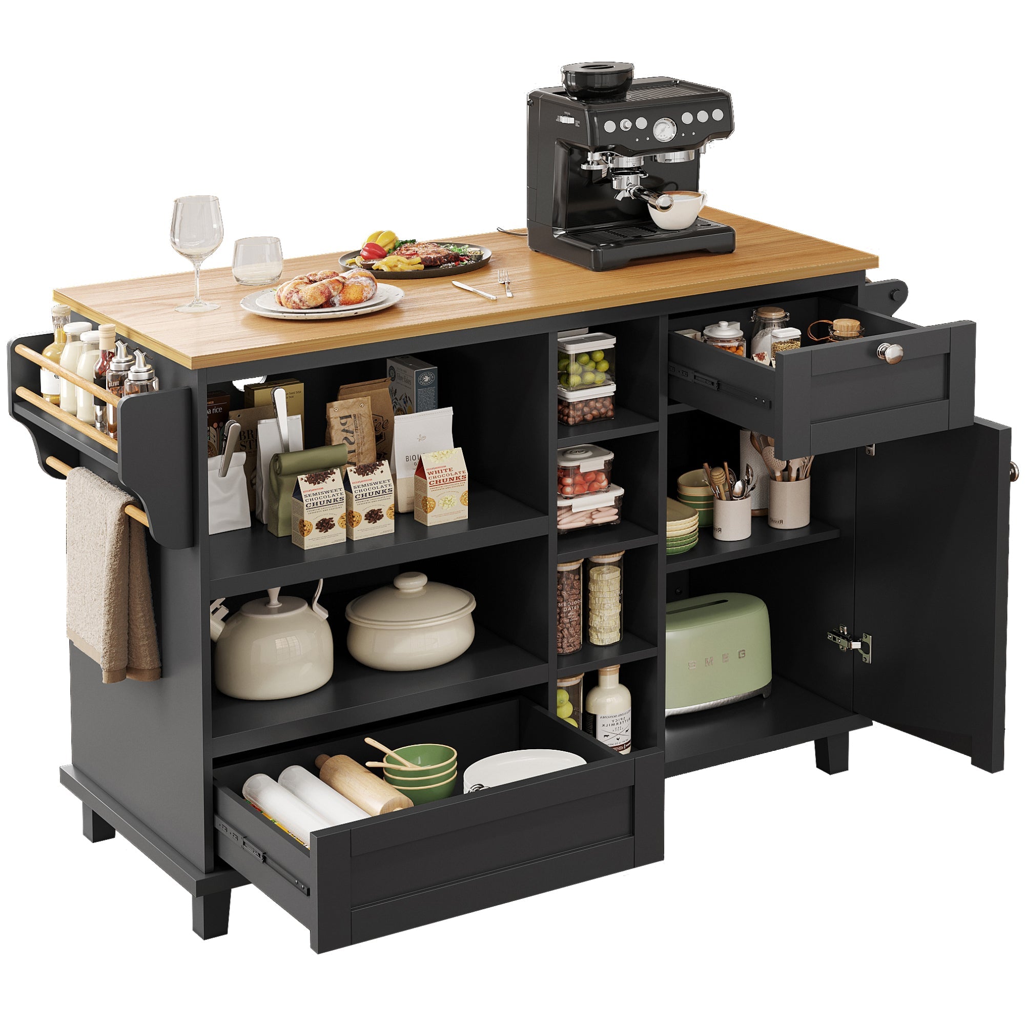 Dining Trolley Mobile Kitchen Storage Cabinet with Drawers, Black/Light Brown Wood
