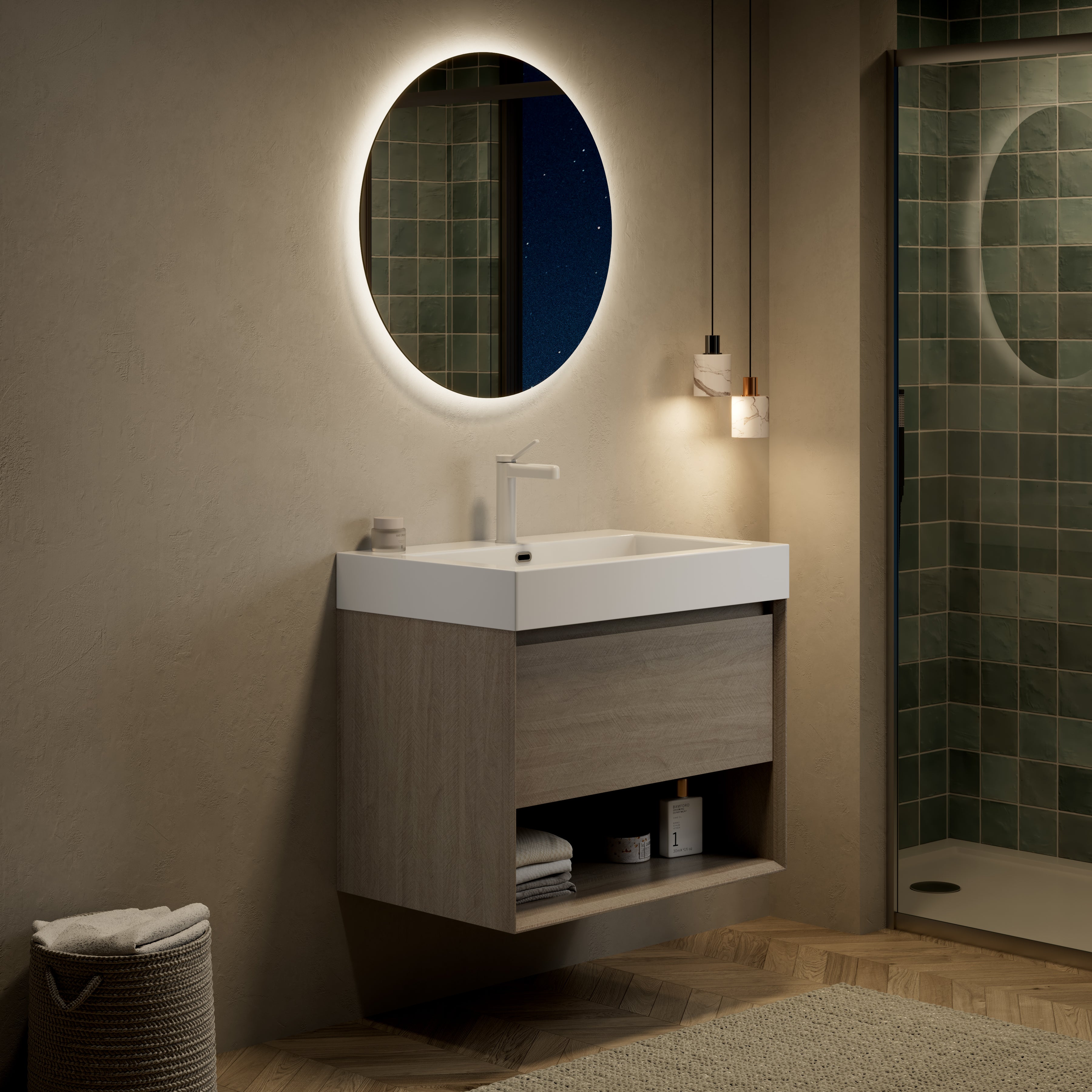 Wall-Mounted Bathroom Vanity Unit with Integrated Resin Basin and Storage, Light Oak wood Grain Color