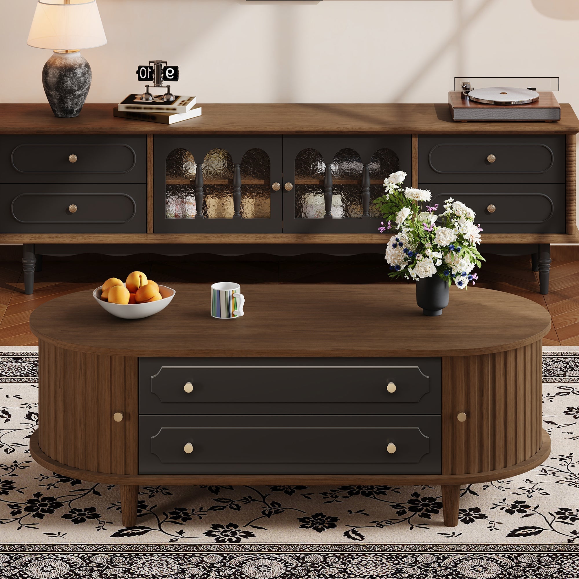 Coffee Table with 2 Drawers and Roll-up Doors, Walnut and Black