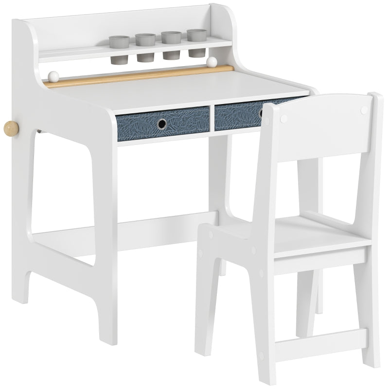 Art Table and Chair Set Kids Art Desk with Storage Shelf and Drawers, White MDF