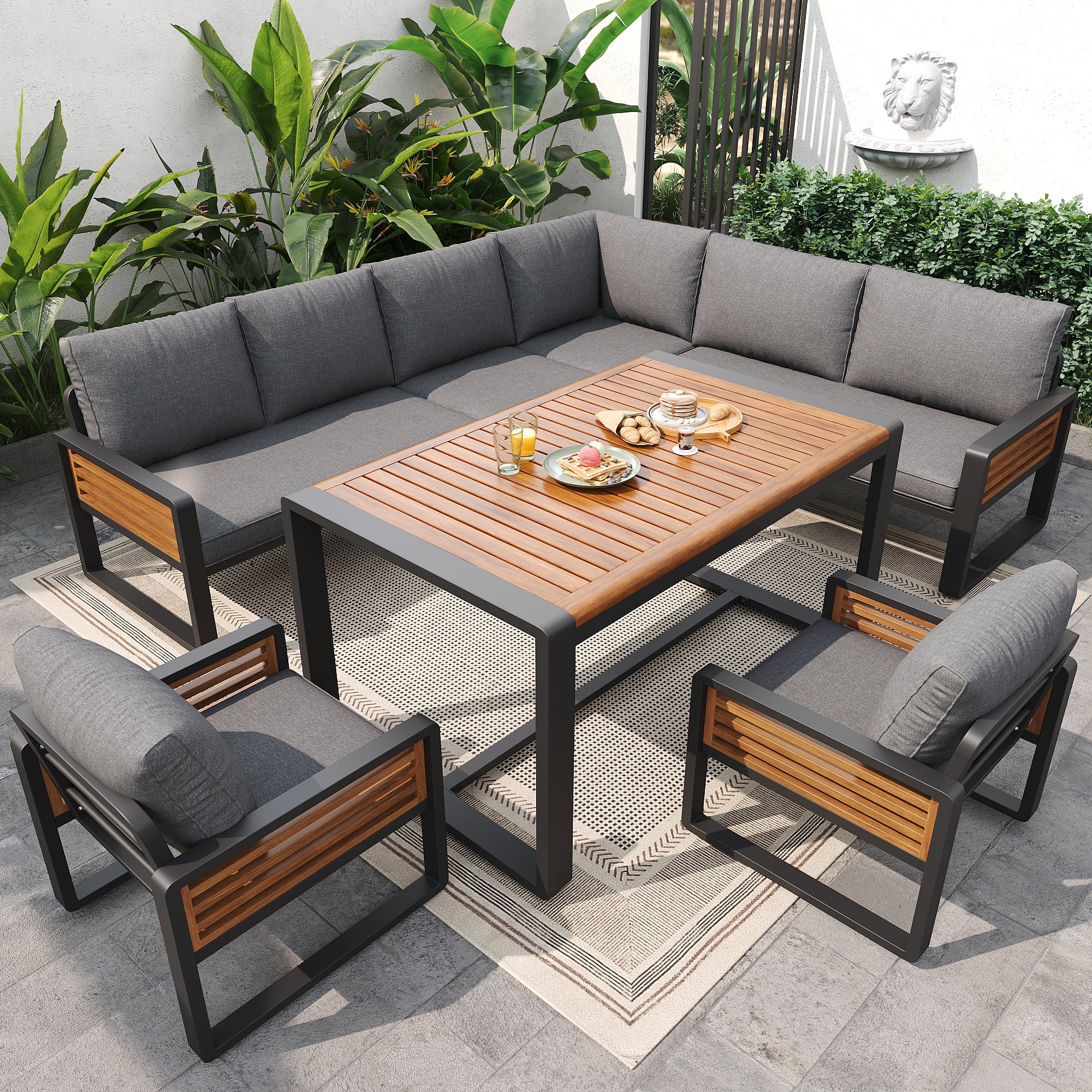 Garden Lounge Set for 8 People with Solid Wood Dining Table and Cushions, Grey