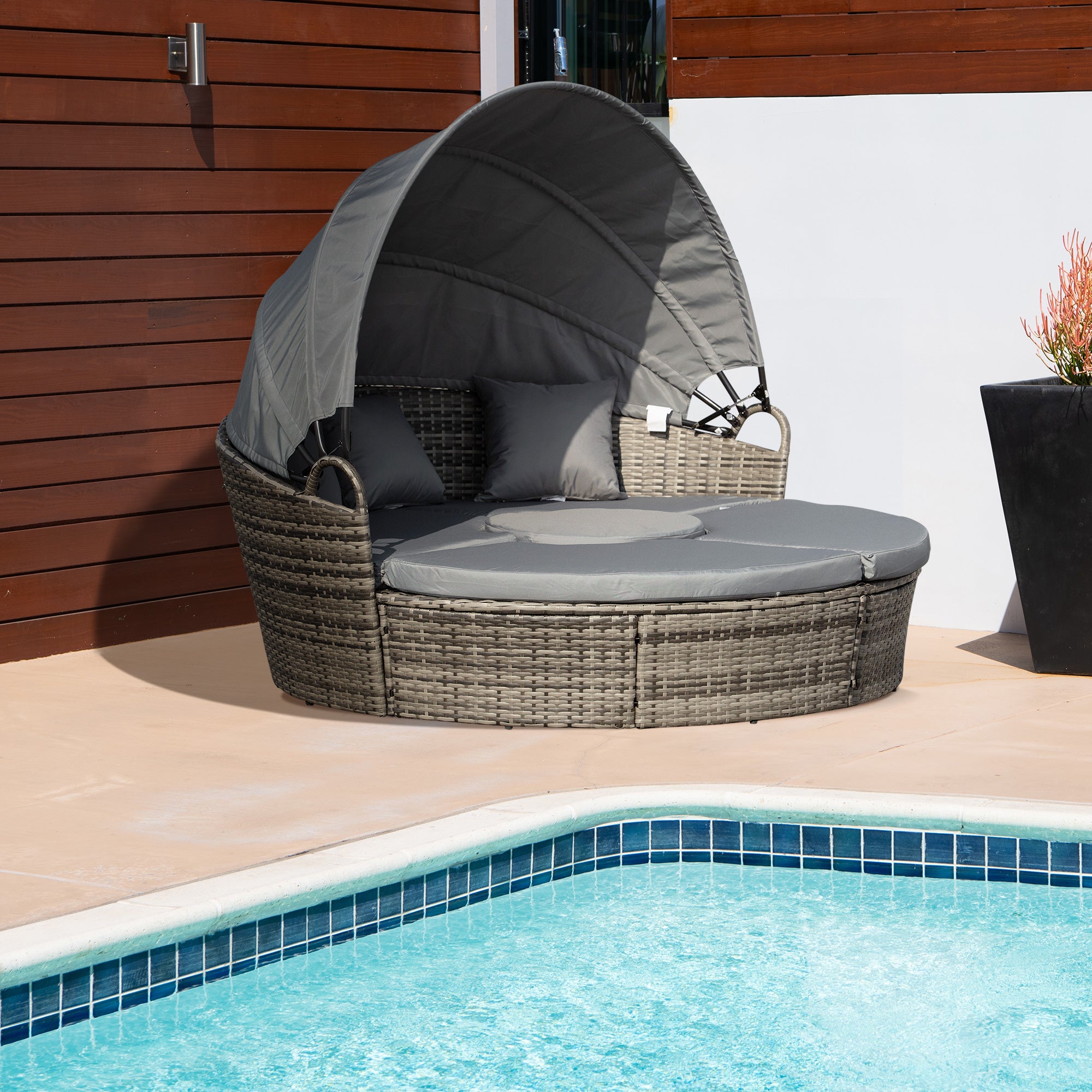 Outdoor PE Rattan Garden Furniture Set with Round Daybed, Retractable Canopy, Cushions, Dark Grey Rattan