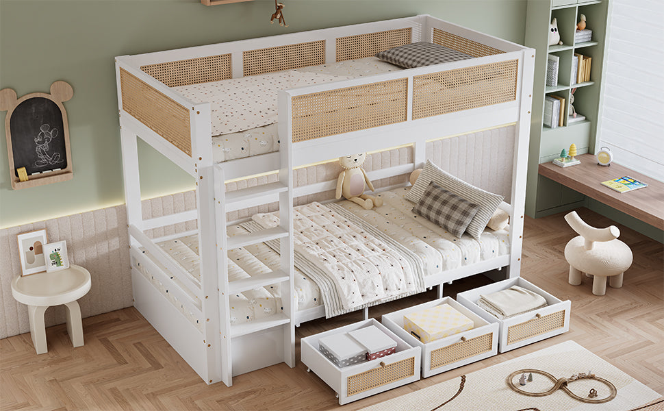 Bunk Bed, Rattan Fence with Drawers & Safe Rails, Pine + MDF + Plywood, White + Natural, 90x200cm