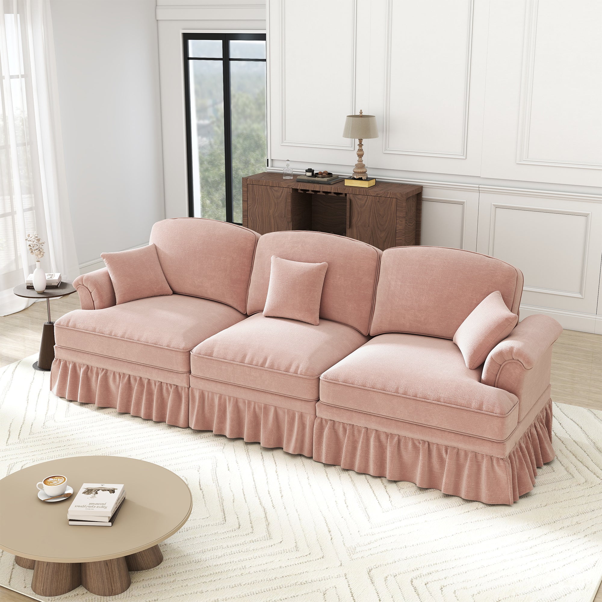 3-Seater Sofa Mid-Century Ruffled Apron Spindly Legs - Chenille Pink