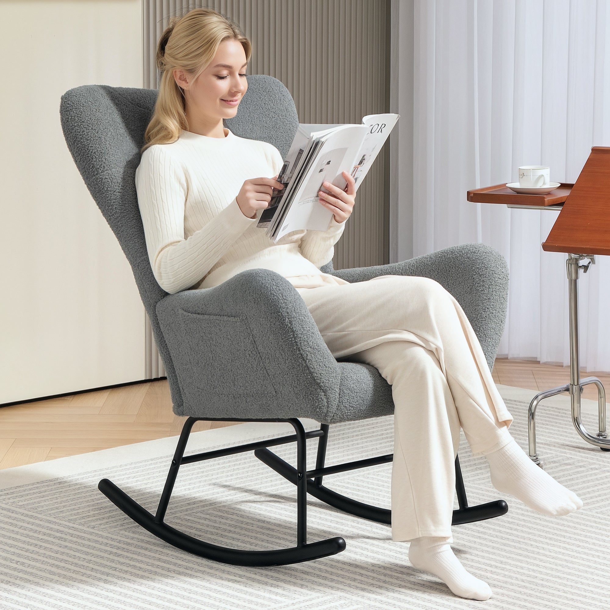 Rocking Chair, Teddy Fabric, Wooden Base, Gray