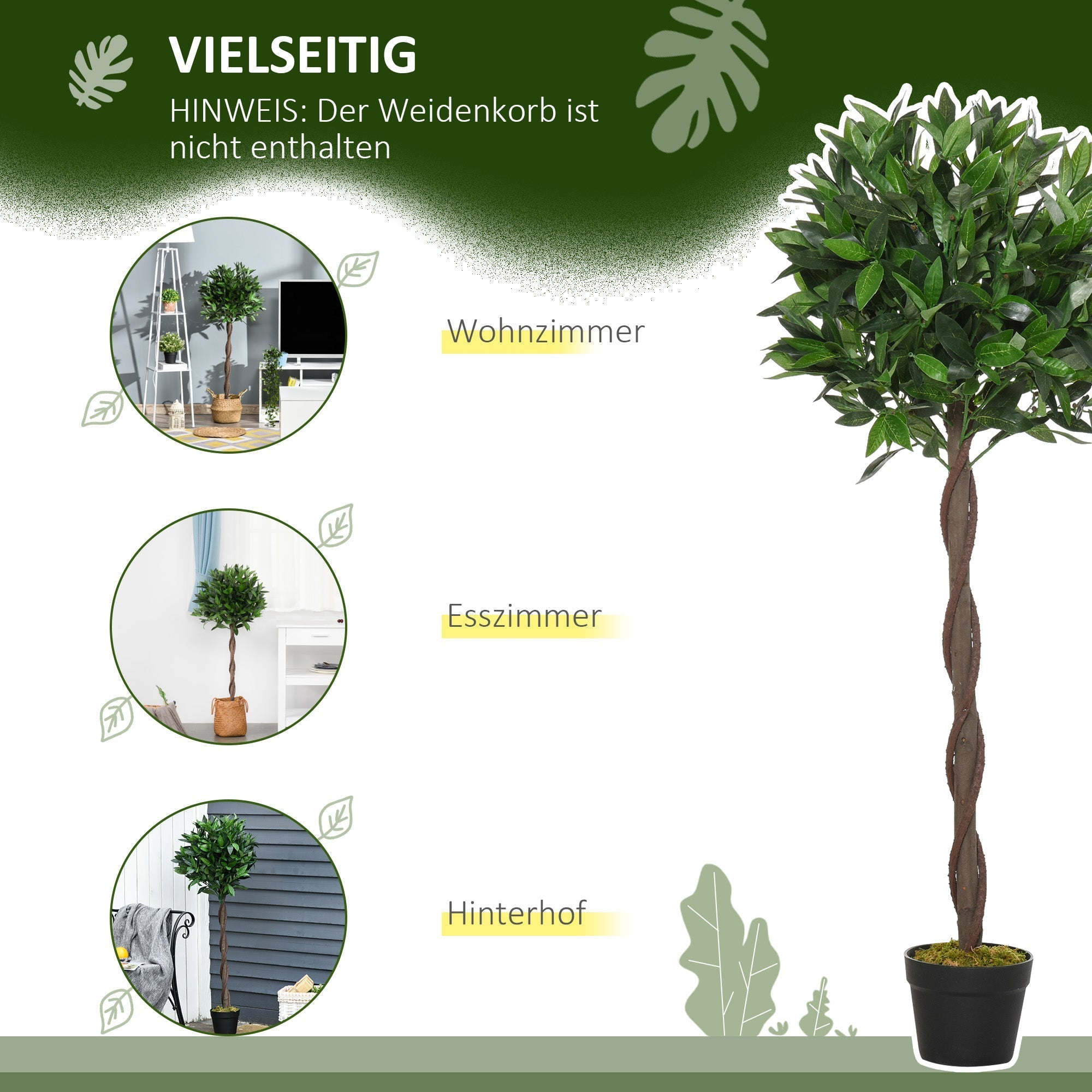 Künstliche Lorbeerbäume, 120 cm, Zementtopf, Grün