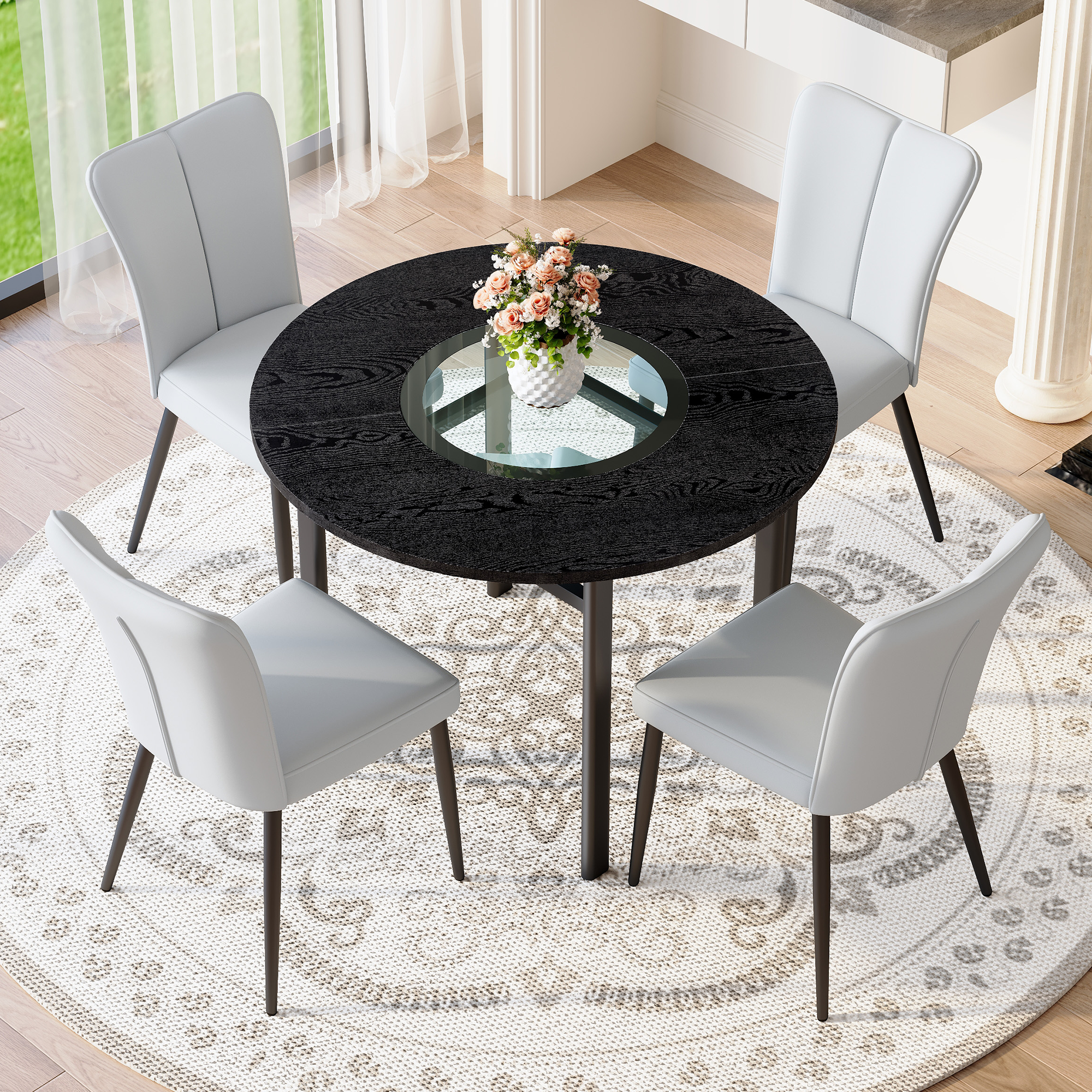 Round Table Set Modern Minimalist 100cm 4 Armchairs - Black/Light Grey PU