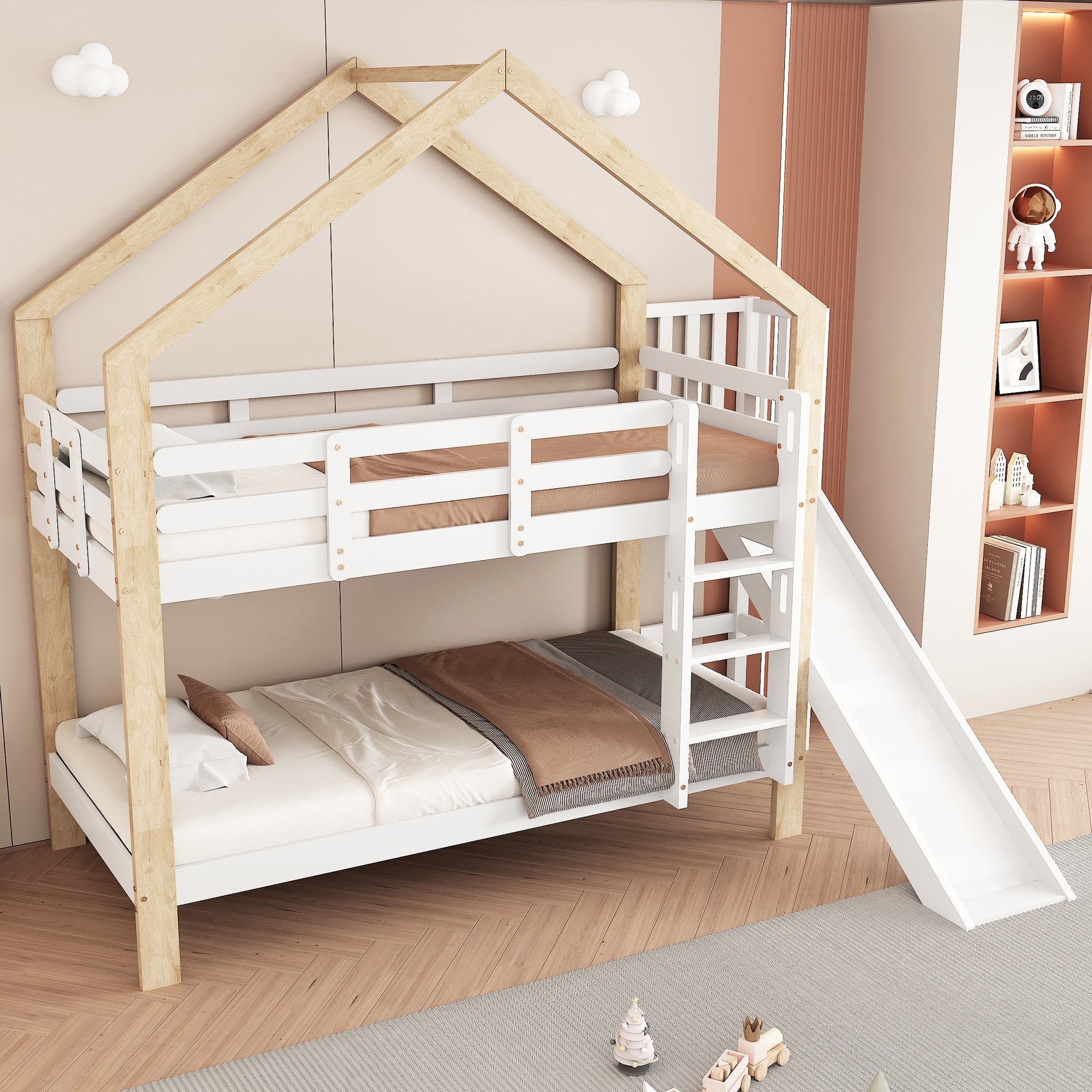 Bunk bed with slide, three-step angled ladder, safety guard, solid wood, white and natural, 90x200cm