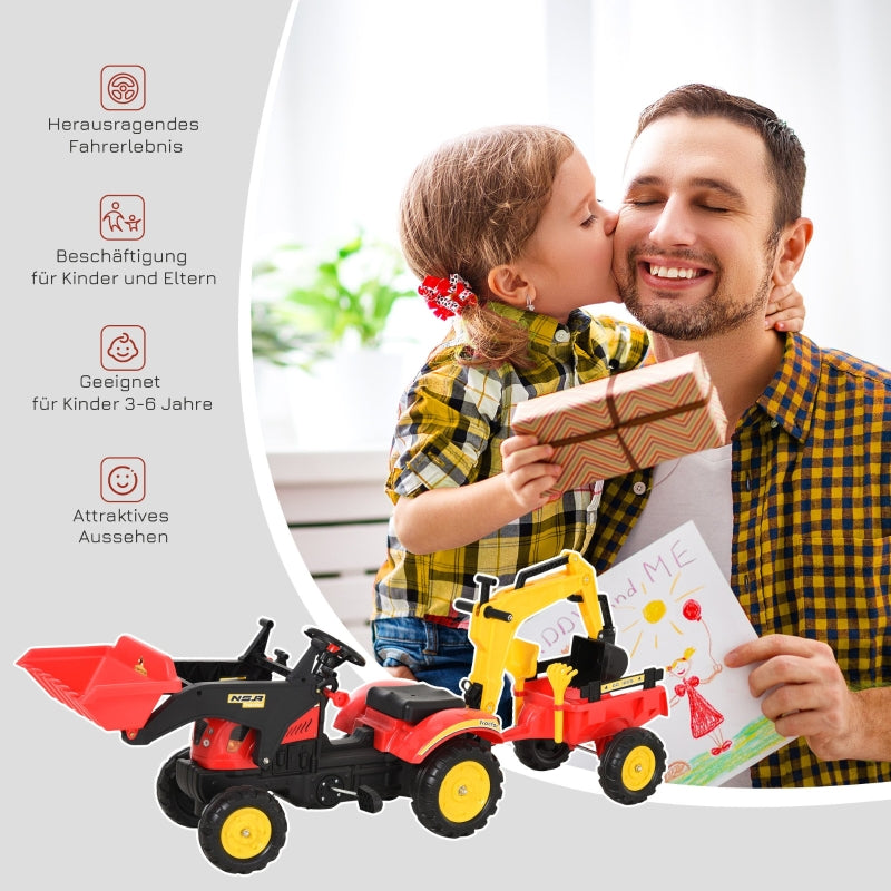 Pedal Tractor with Trailer, Front Loader, Adjustable Shovel, Red