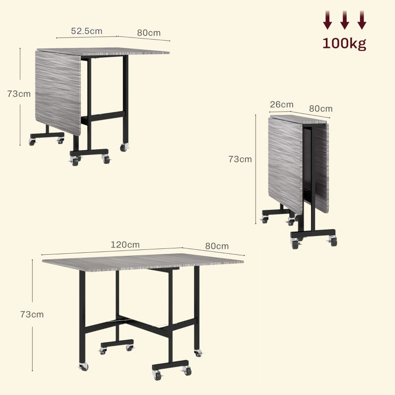 Six-Seater Drop-Leaf Dining Table with Wheels, Grey Wood-Effect