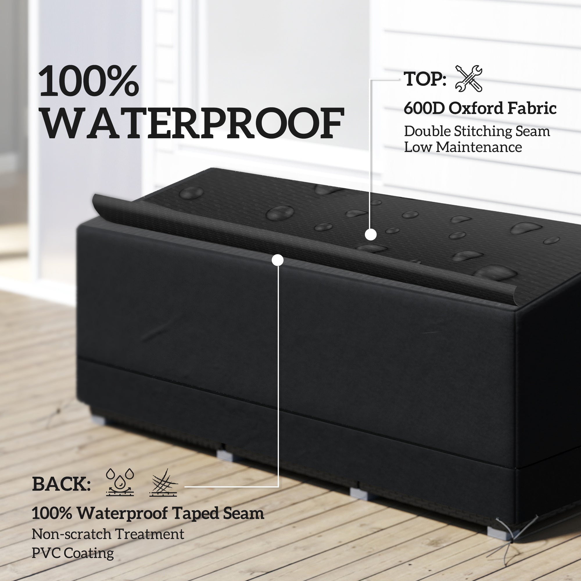 Rechteckige Terrassen-Gartenmöbelabdeckung, wasserdicht, UV-beständig, 3-Sitzer-Sofa-Bistro-Set, 190 x 72 x 76 cm, 600D Oxford-Gewebe, Schwarz