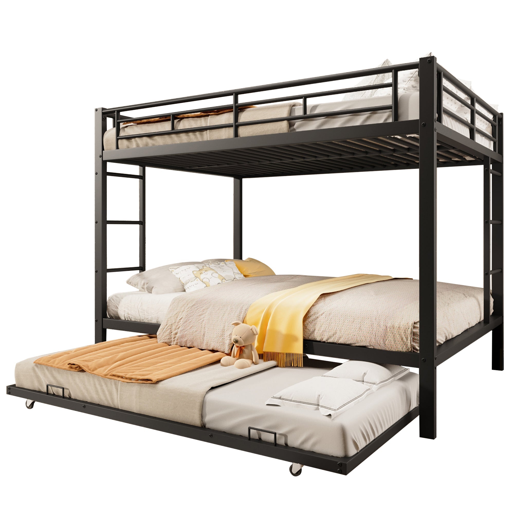 140*200cm Bunk Bed with Pull-out Bed and High Railings, Iron, Black