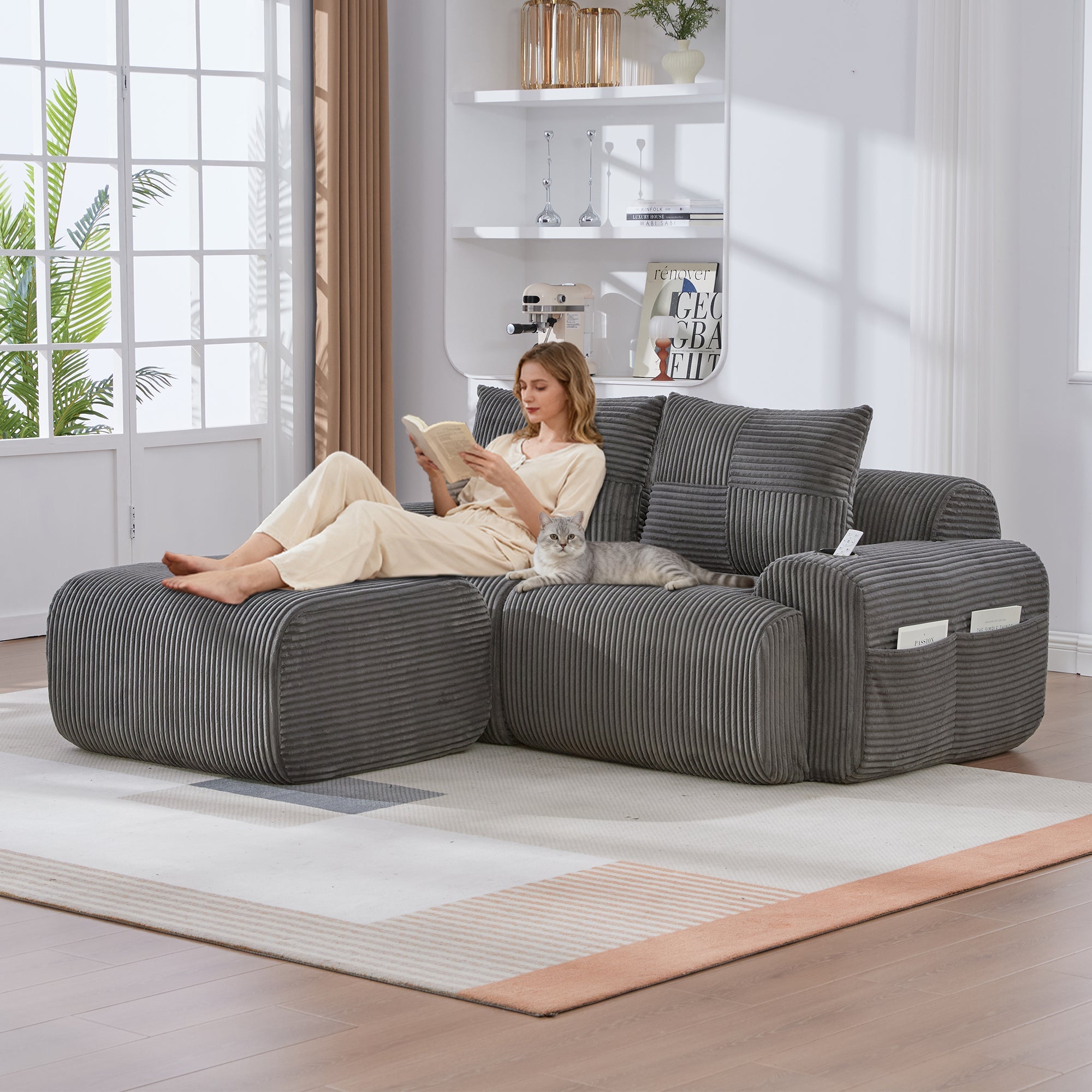 Modular 2-Seater Sofa with Ottomans, Cup Holder and Side Pocket, Dark Grey Corduroy