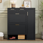 Modern Shoe Cabinet with Adjustable Shelves, Gold Handles, Drawers, Folding Doors, Black