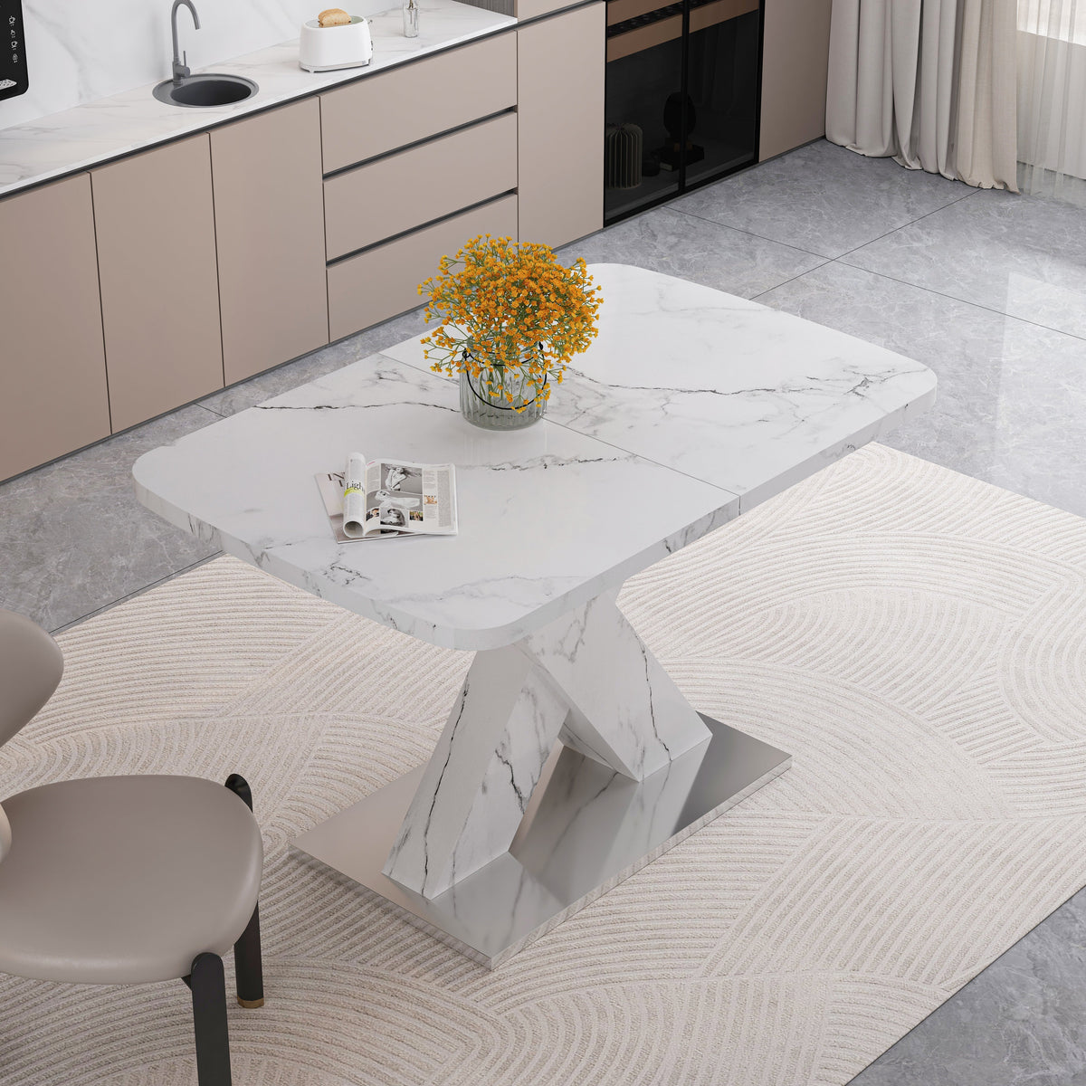 Dining Table 120-160CM Stretchable Modern Rectangle Marble Top, White/MDF/Metal Base
