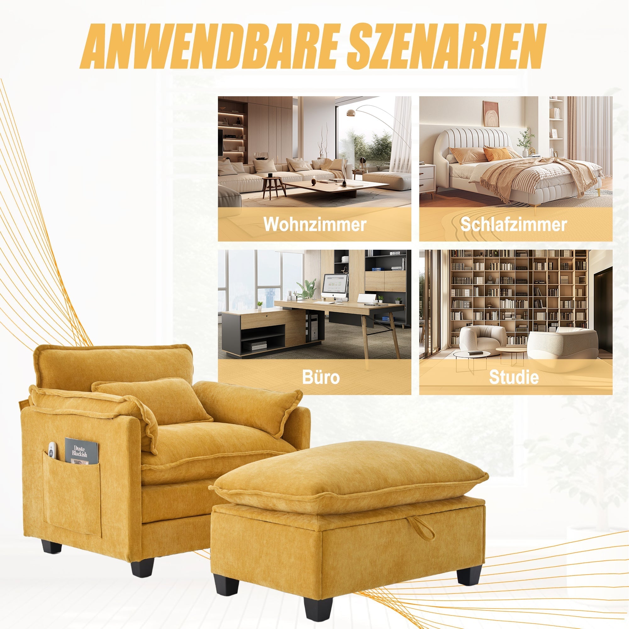 Armchair, Oversized with Footrest & Stool, Velvet