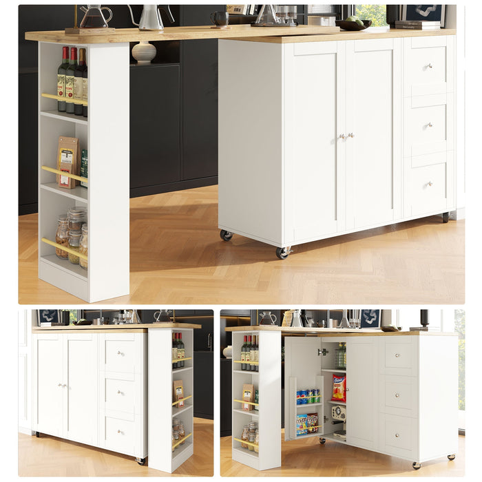 360° Rotating Bar Table Extendable Storage Island with 3 Drawers and Casters, White