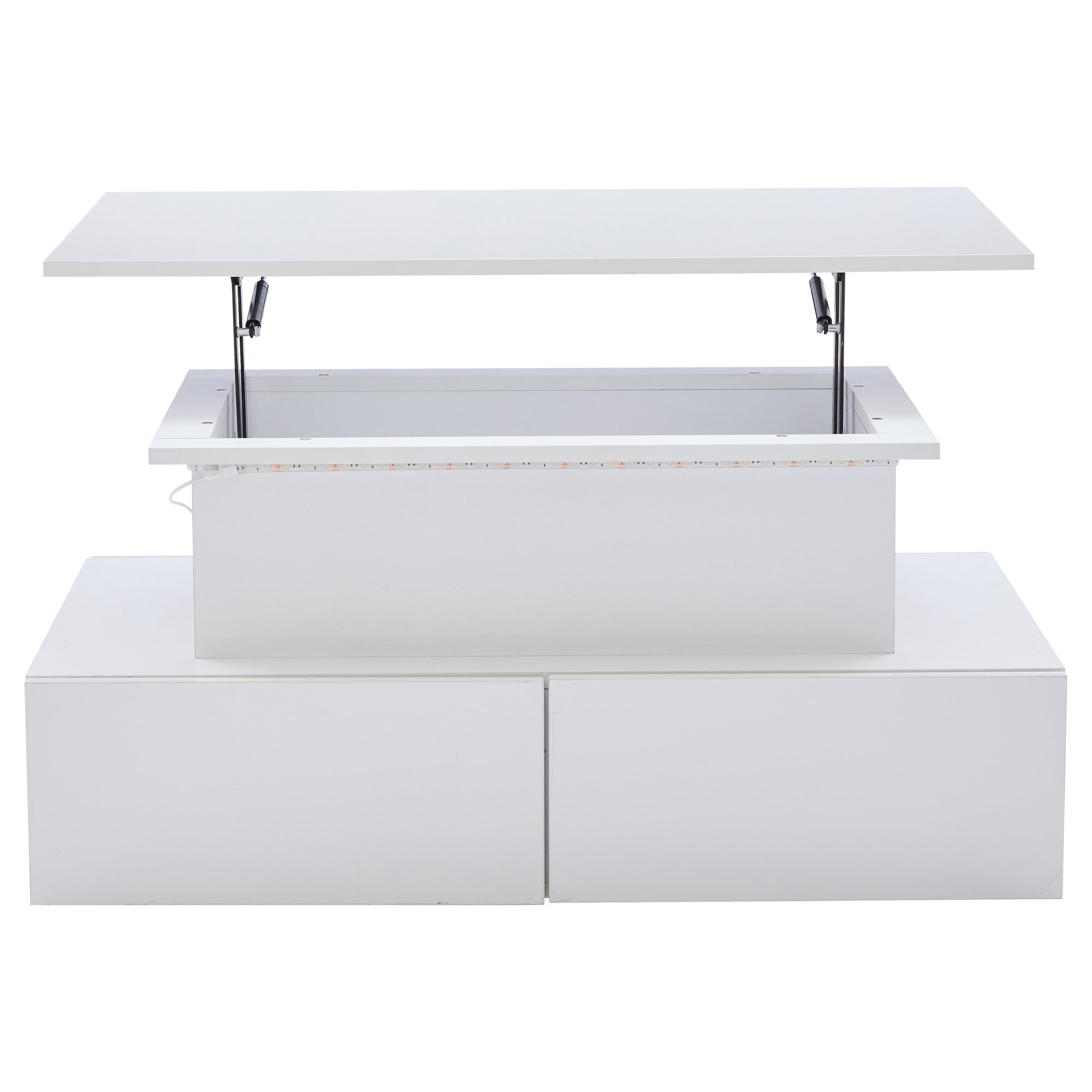 Coffee Table, LED High Gloss Lift Top Rectangular with 4 Drawers, Wood White