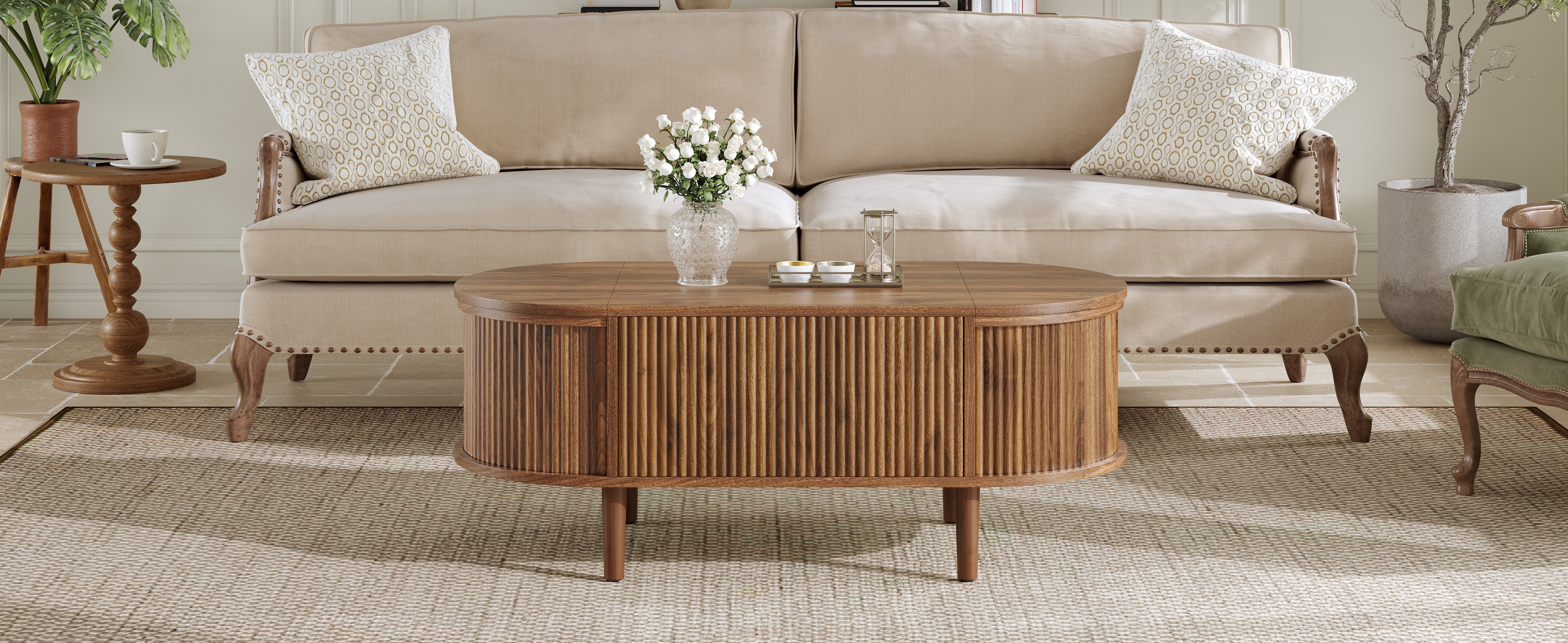 Oval Coffee Table with Adjustable Storage and Vintage Style, Solid Wood Legs