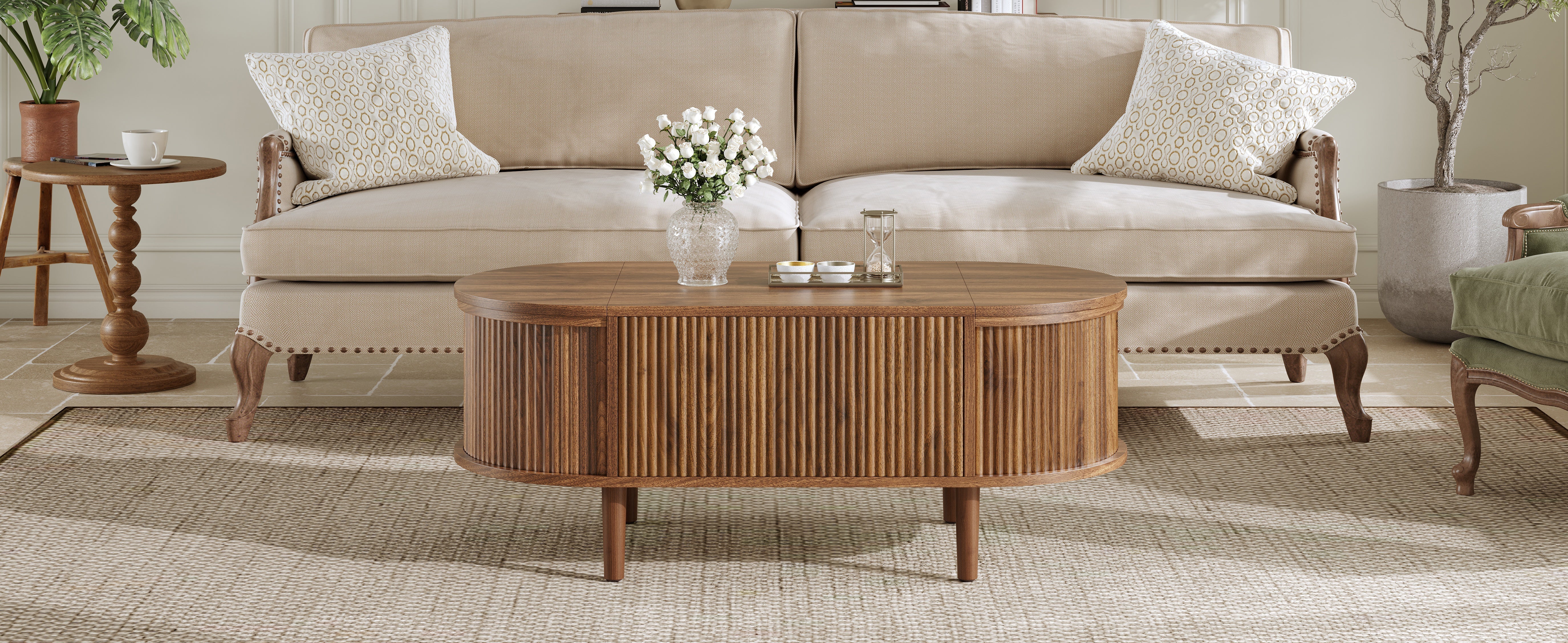 Oval Coffee Table with Adjustable Storage and Vintage Style, Solid Wood Legs