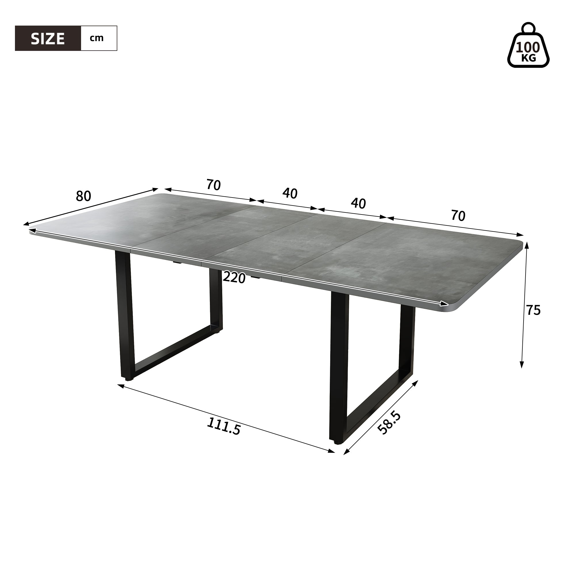 Extendable Dining Table 140/180/220cm 6-10 Seater Metal Legs - Grey