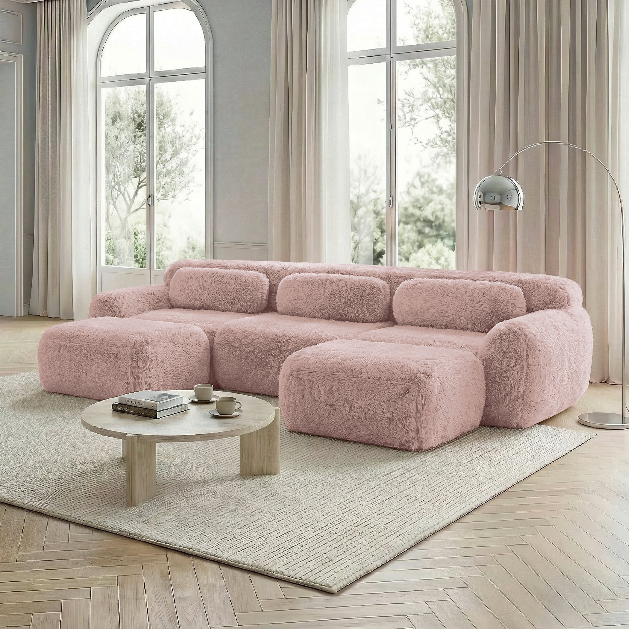 U-Shaped Modular Sofa Plush No Assembly High-Resilience Foam - Pink