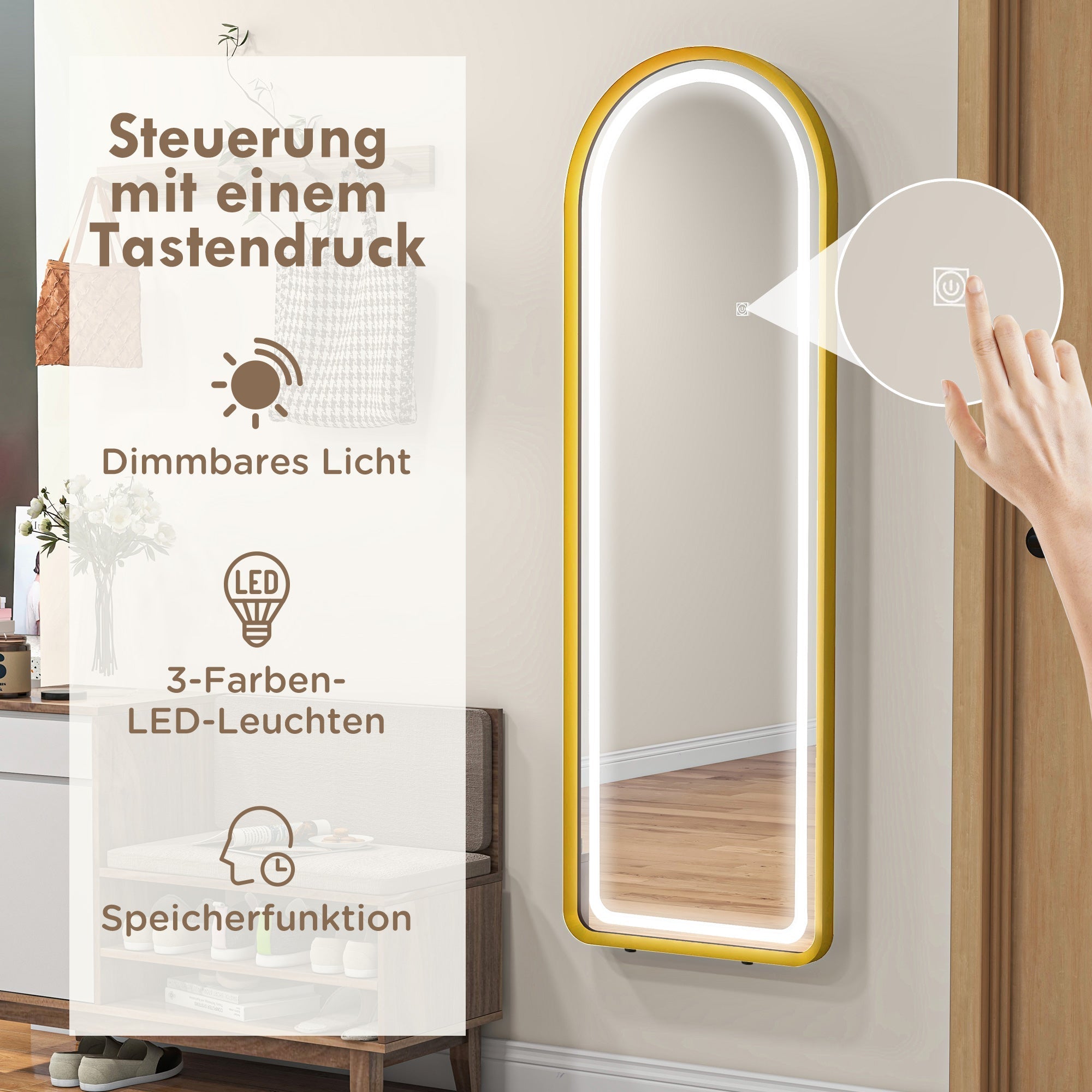 Ganzkörperspiegel, dimmbare LED, Wand- & Standspiegel, Touch-Schalter, Gold
