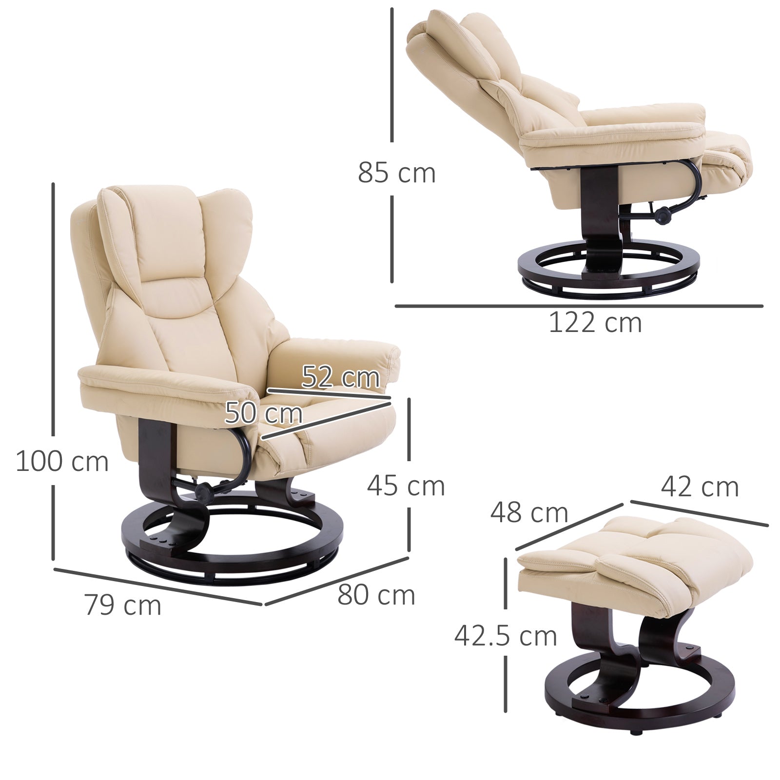 Relaxliegesessel mit Hocker, drehbarer TV-Sessel, Kunstleder Cremefarben