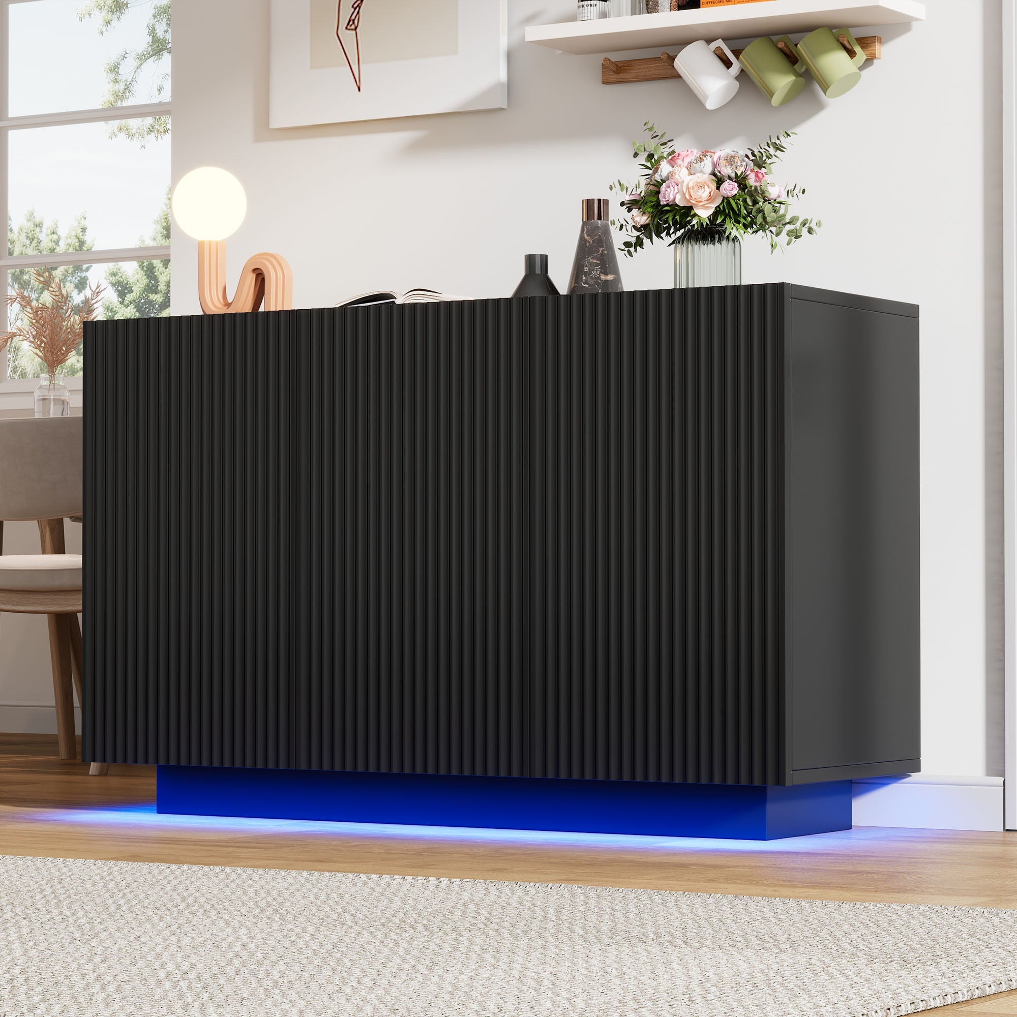 LED Chest of Drawers, Modern Design Sideboard with Lighting, 120cm, Black Marble Look