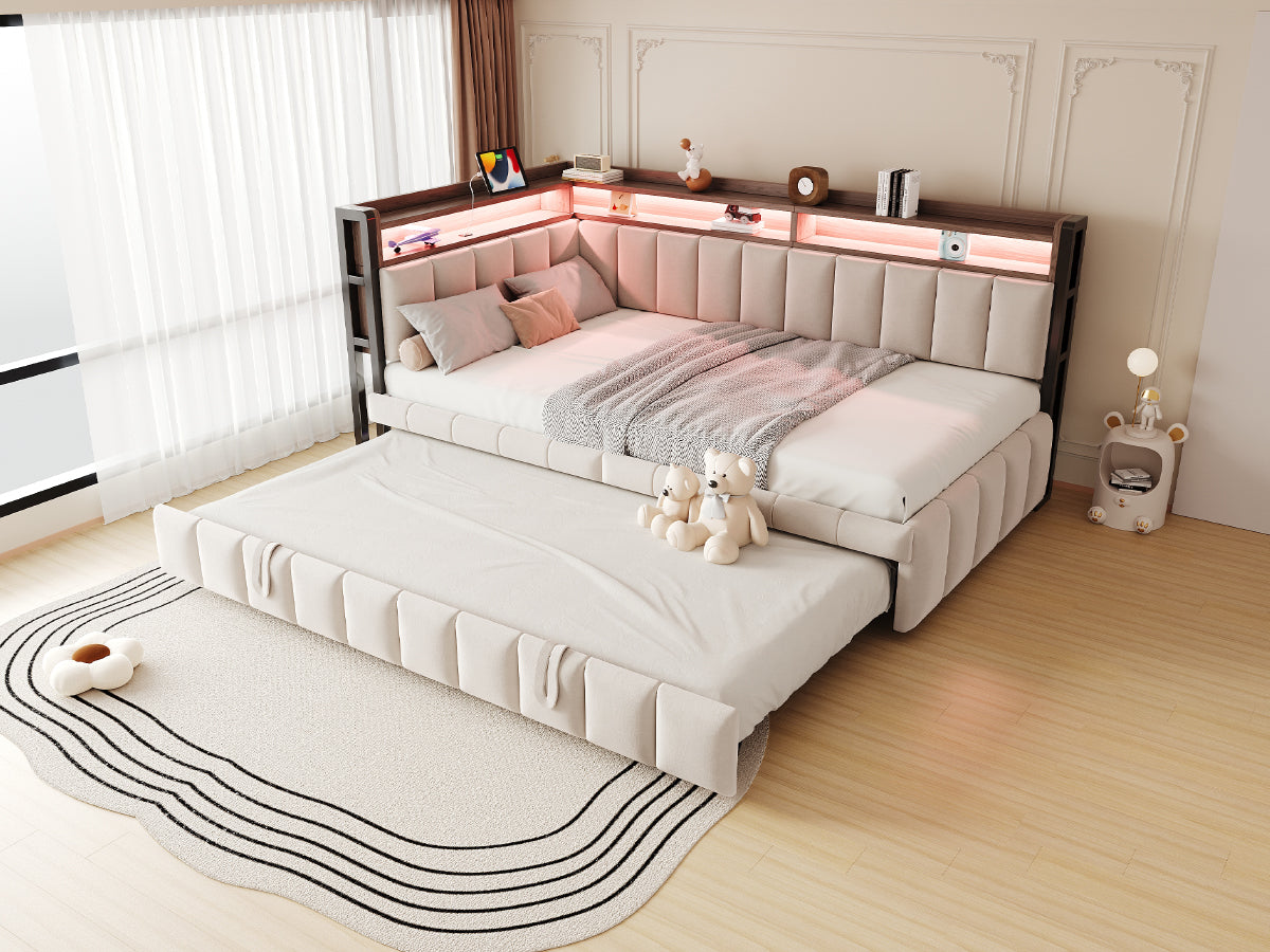 Upholstered Sofa Bed with Pull-out Bed, LED Lighting, Storage and USB Ports, 90x200cm, Beige Velvet